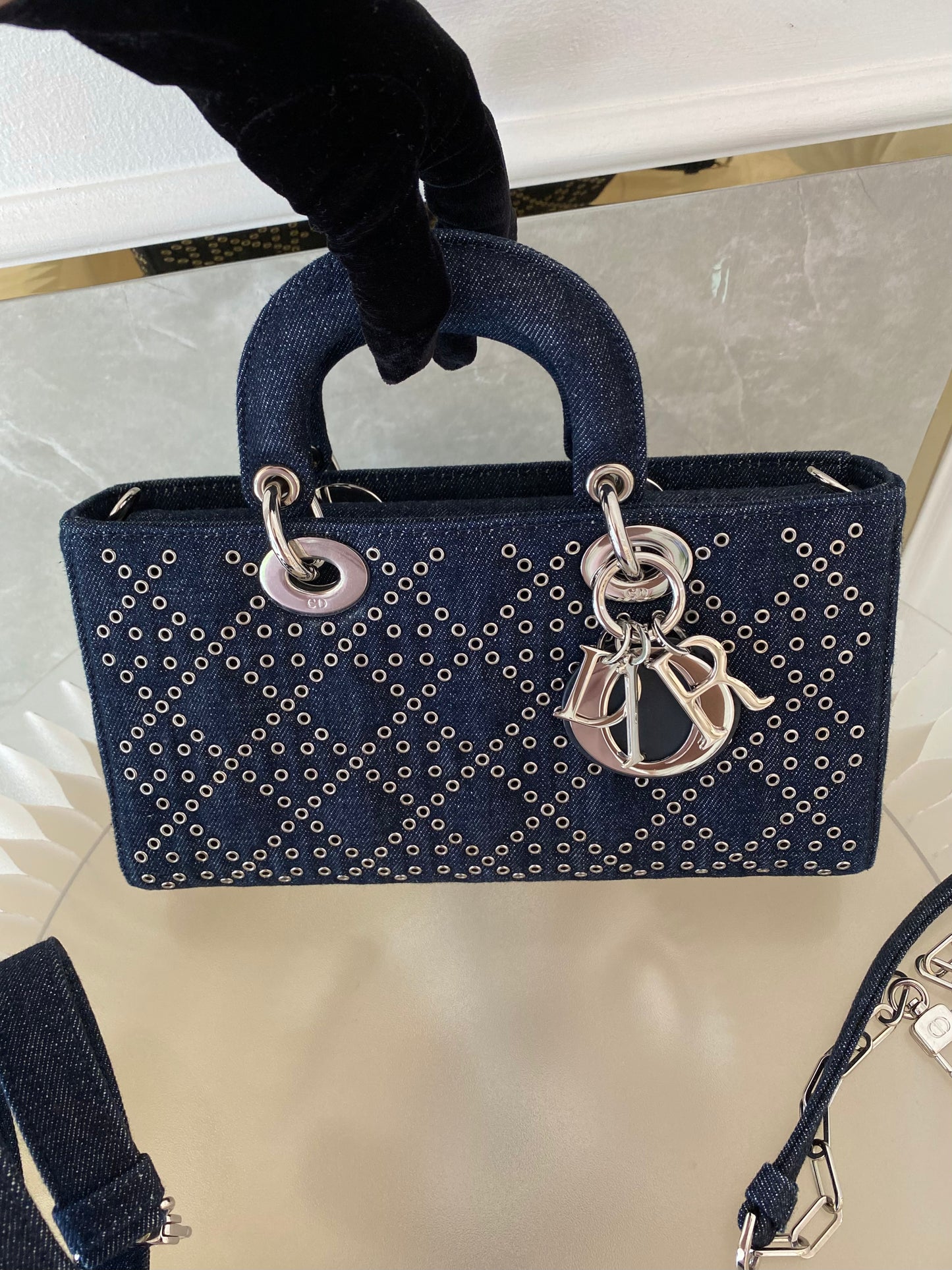 Dior Medium Lady D-Joy Bag In Navy Blue Denim w/ Metallic Eyelets