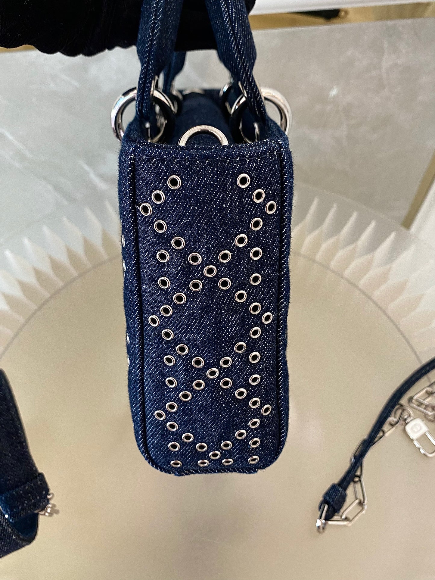 Dior Medium Lady D-Joy Bag In Navy Blue Denim w/ Metallic Eyelets