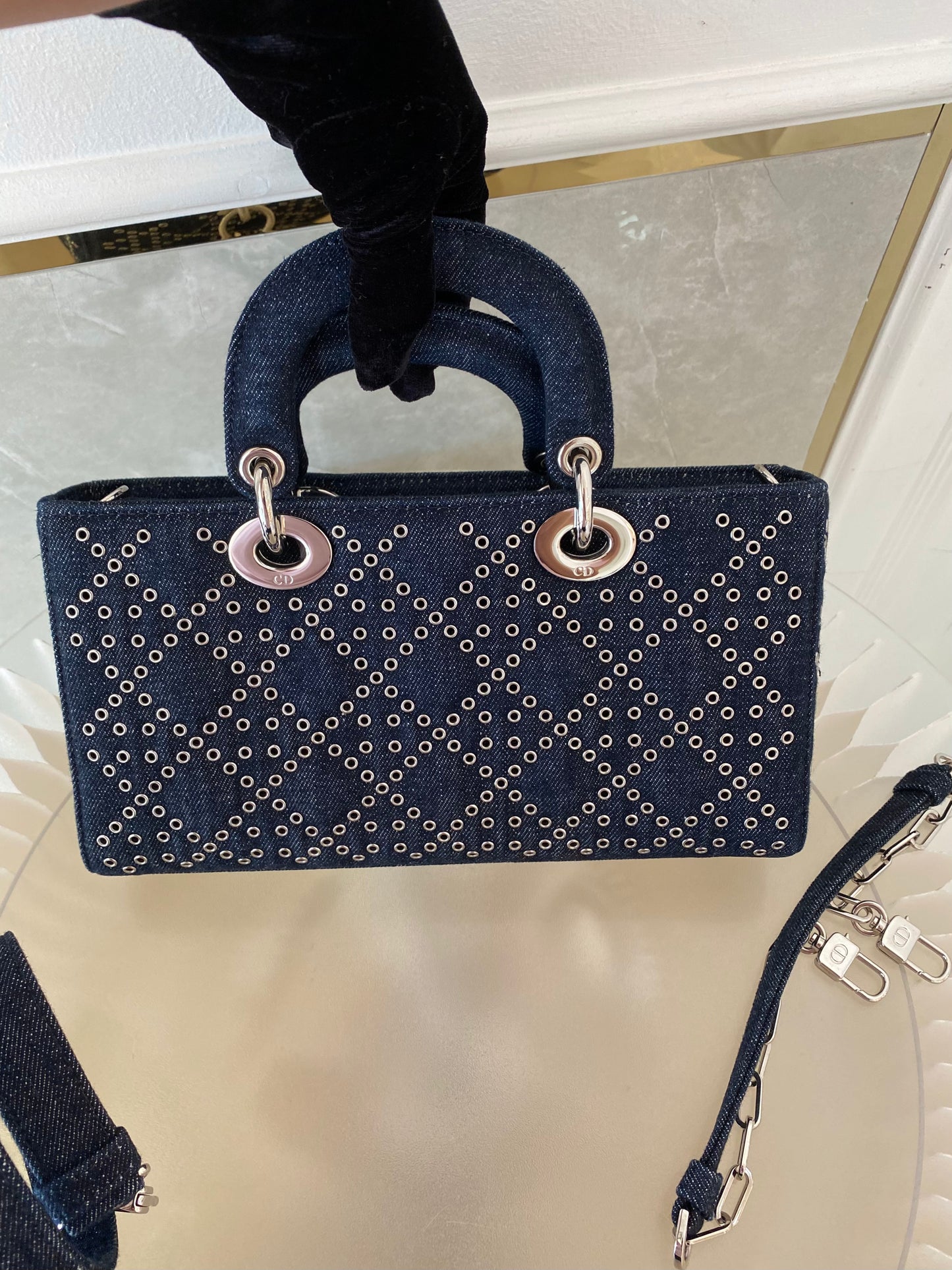 Dior Medium Lady D-Joy Bag In Navy Blue Denim w/ Metallic Eyelets