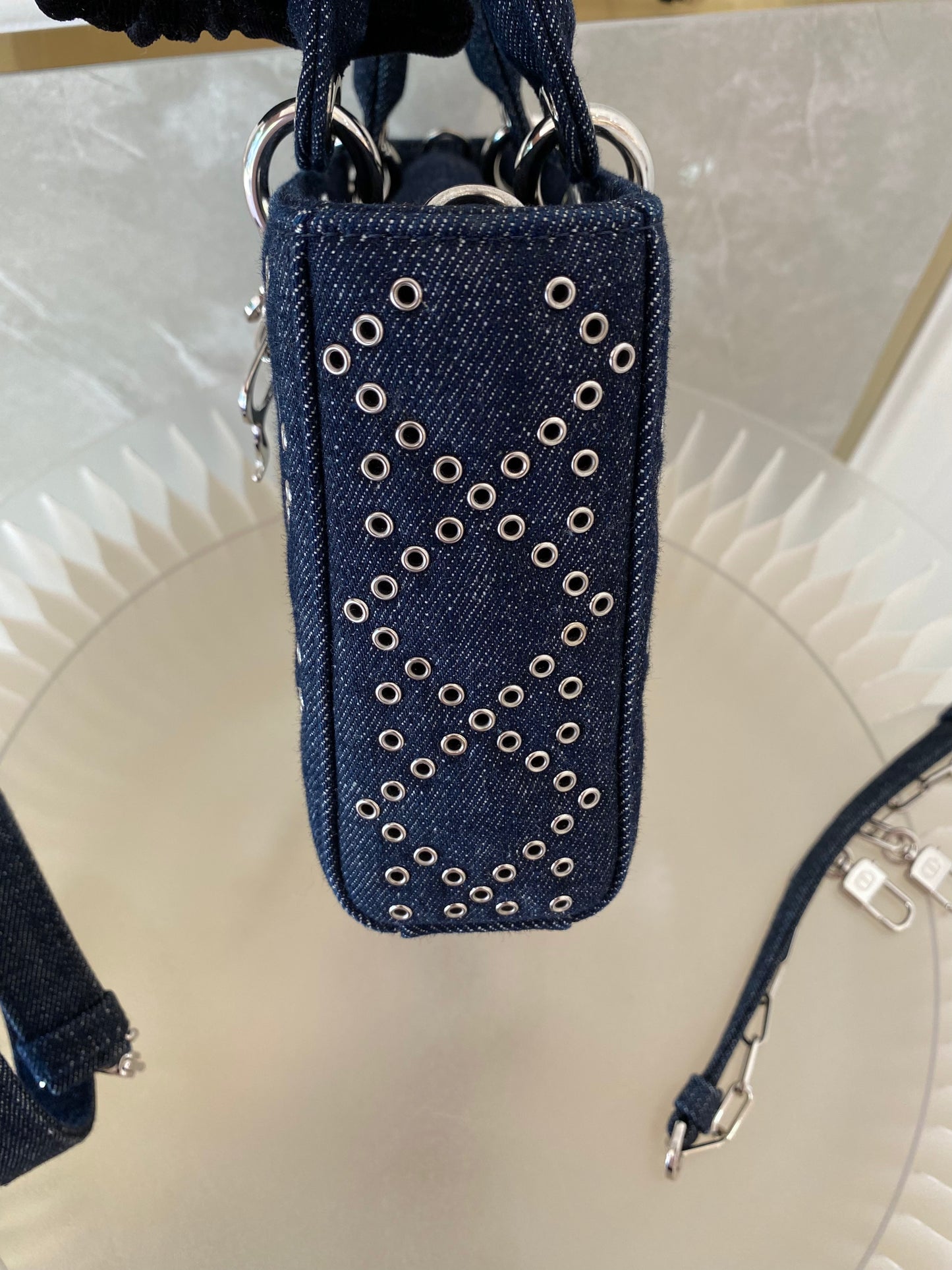 Dior Medium Lady D-Joy Bag In Navy Blue Denim w/ Metallic Eyelets