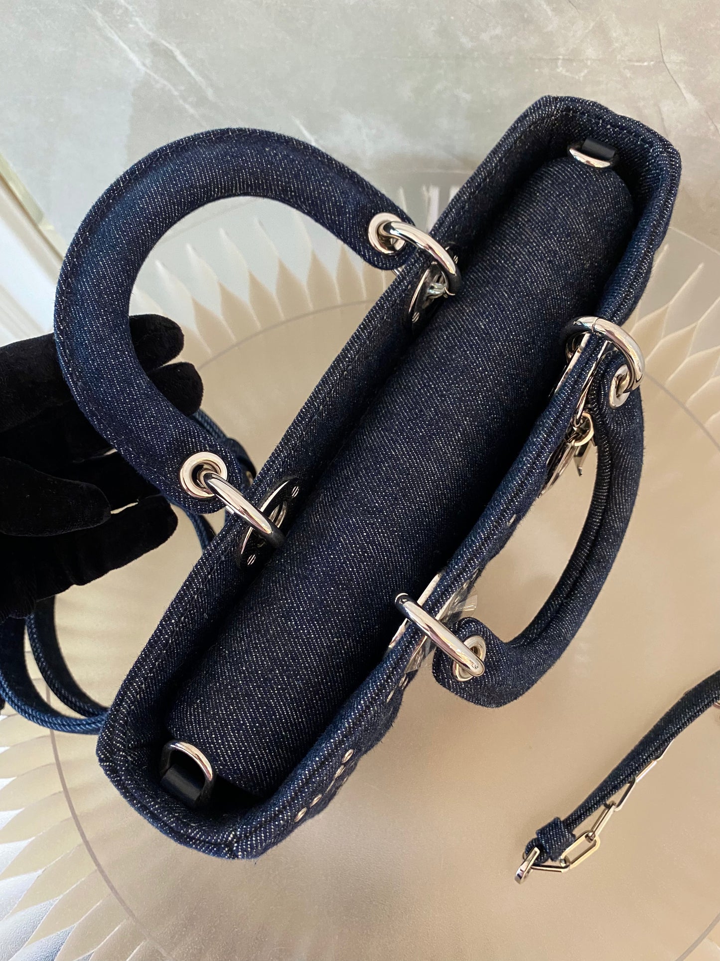 Dior Medium Lady D-Joy Bag In Navy Blue Denim w/ Metallic Eyelets