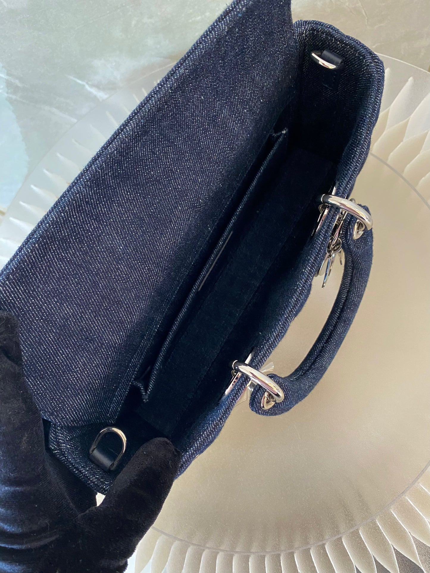 Dior Medium Lady D-Joy Bag In Navy Blue Denim w/ Metallic Eyelets