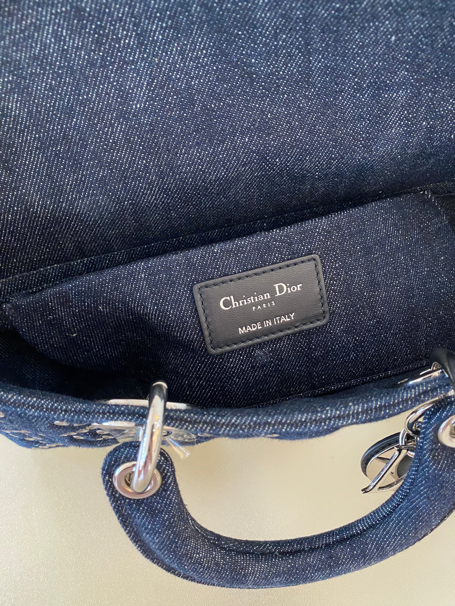 Dior Medium Lady D-Joy Bag In Navy Blue Denim w/ Metallic Eyelets