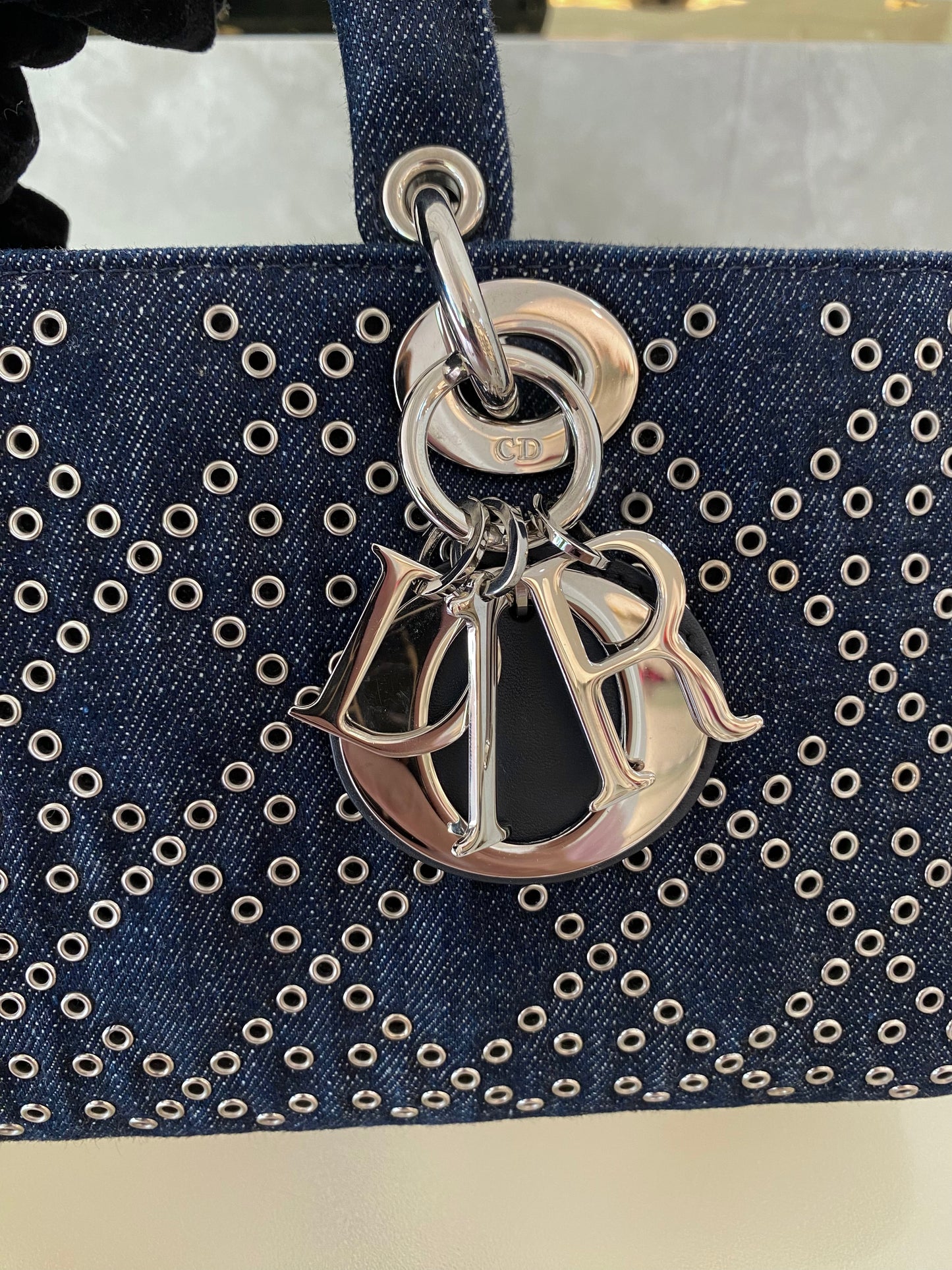 Dior Medium Lady D-Joy Bag In Navy Blue Denim w/ Metallic Eyelets