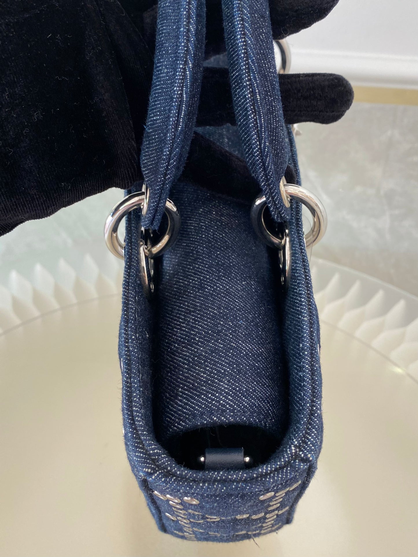 Dior Medium Lady D-Joy Bag In Navy Blue Denim w/ Metallic Eyelets