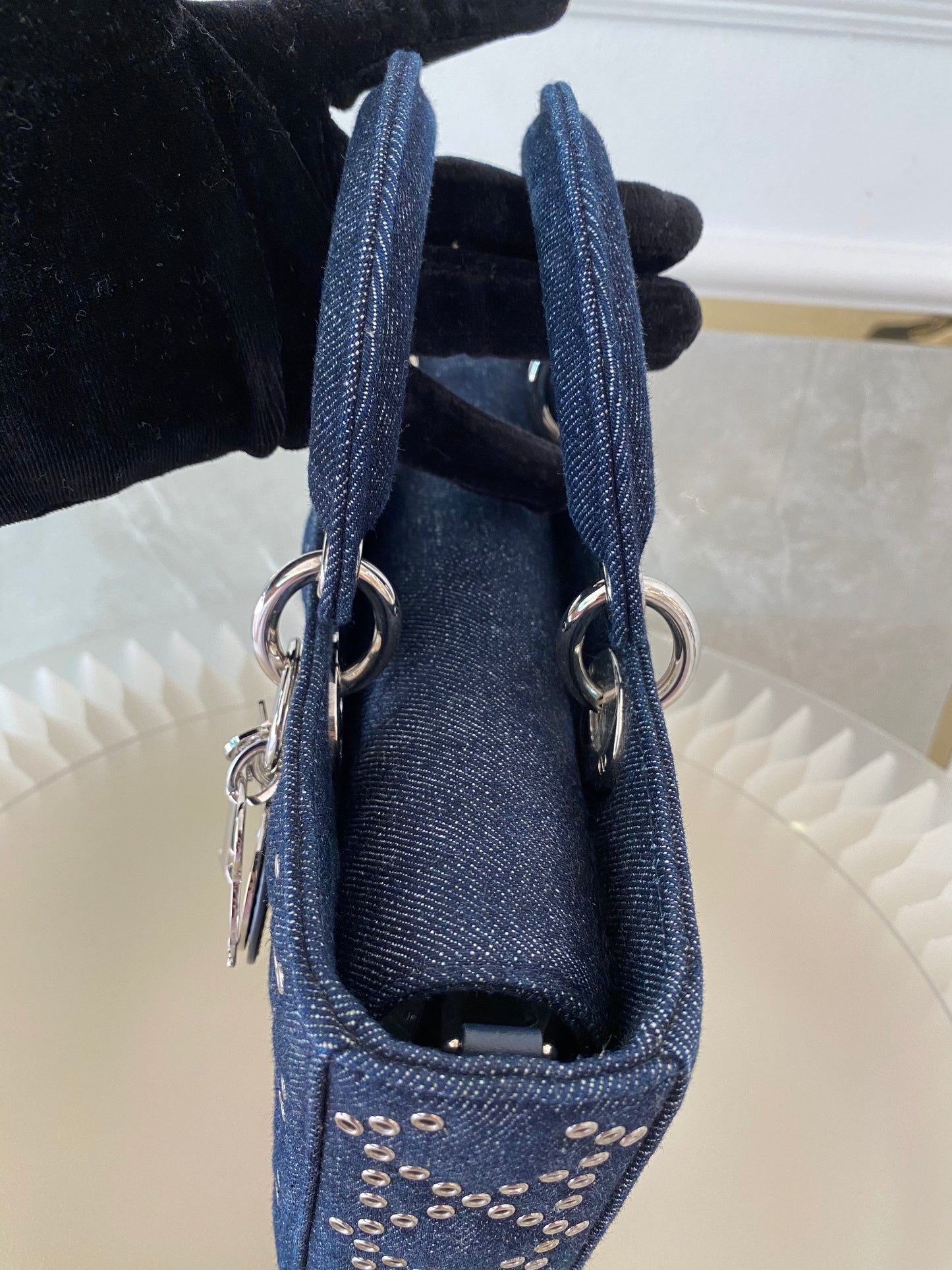 Dior Medium Lady D-Joy Bag In Navy Blue Denim w/ Metallic Eyelets