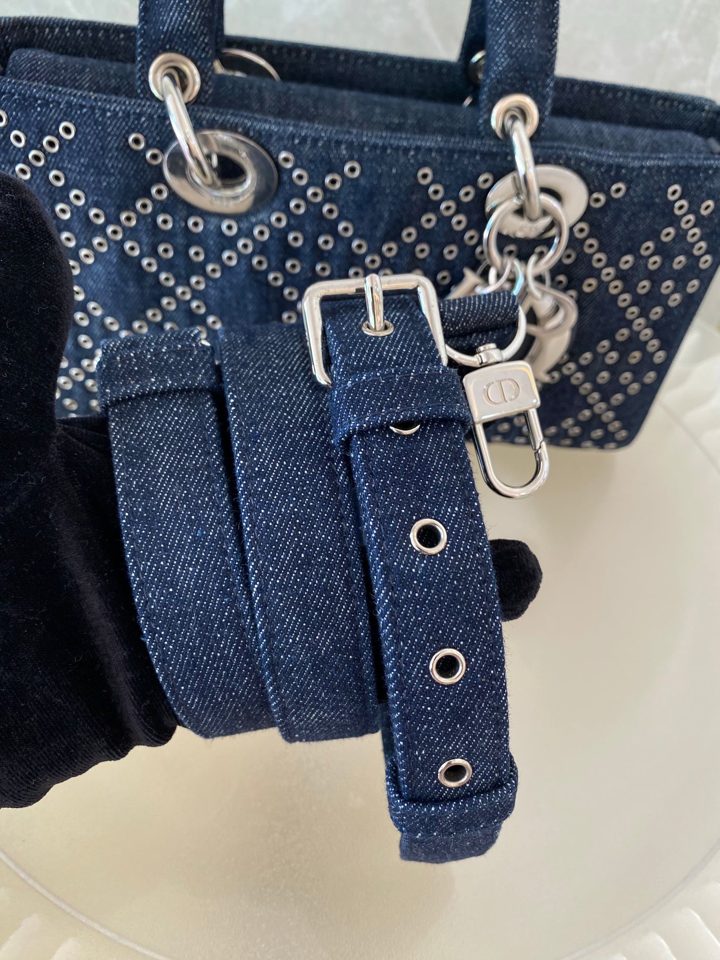 Dior Medium Lady D-Joy Bag In Navy Blue Denim w/ Metallic Eyelets
