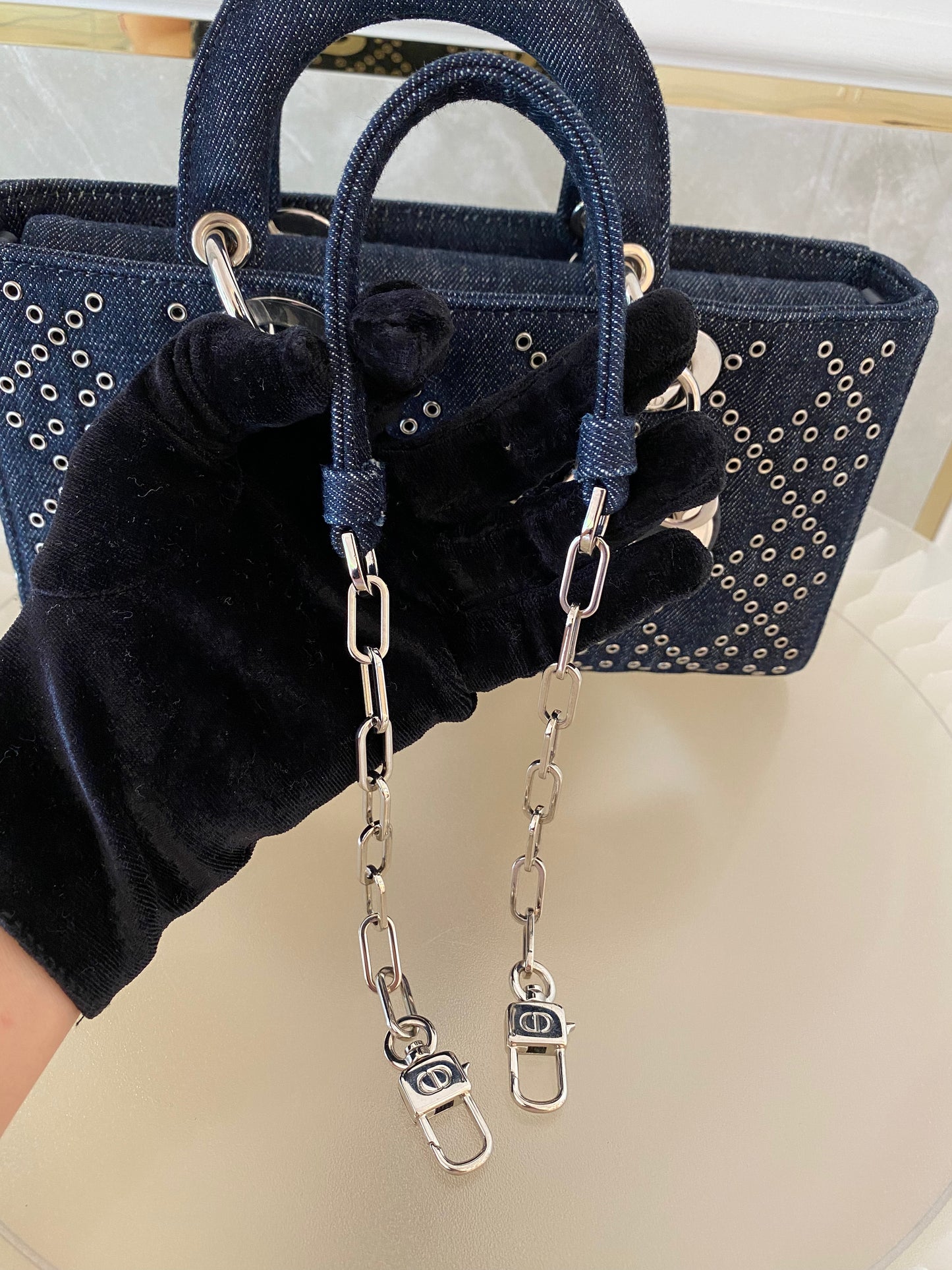 Dior Medium Lady D-Joy Bag In Navy Blue Denim w/ Metallic Eyelets