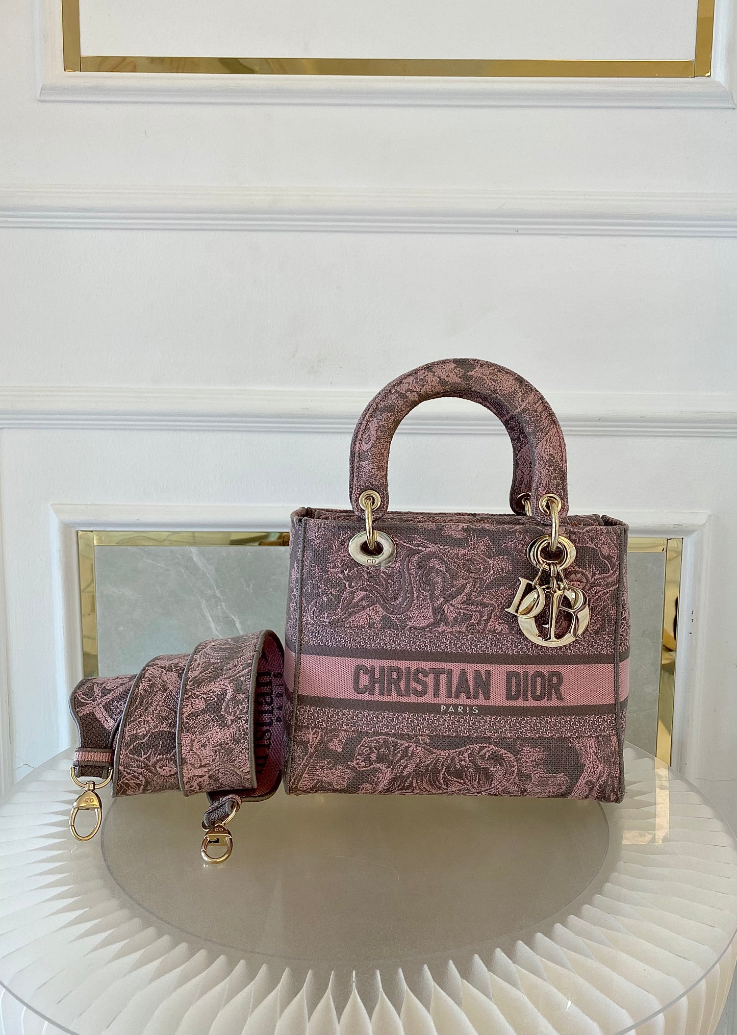 Dior Medium Lady D-Lite Gray &amp; Pink Toile De Jouy Reverse Embroidery