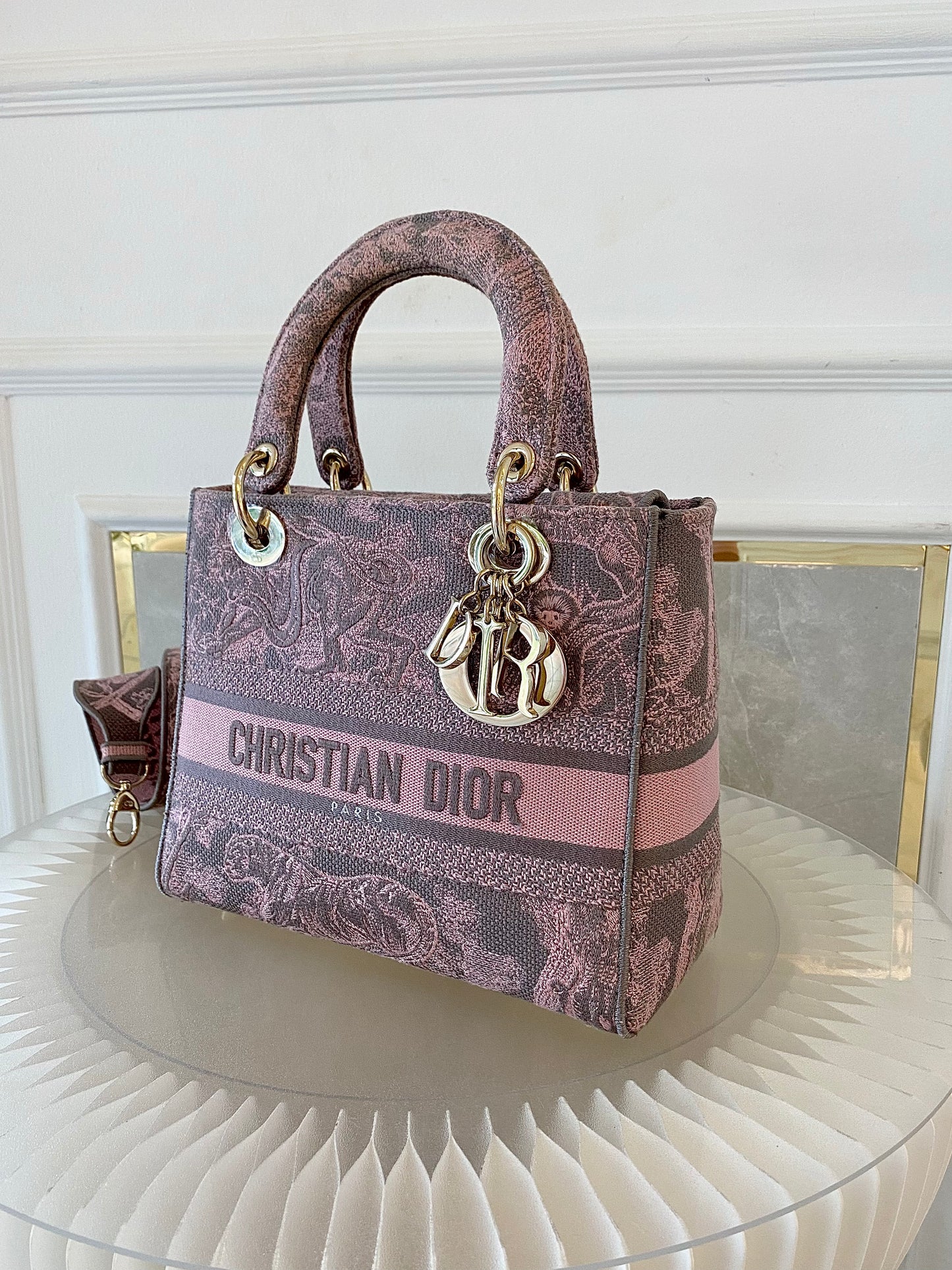Dior Medium Lady D-Lite Gray &amp; Pink Toile De Jouy Reverse Embroidery