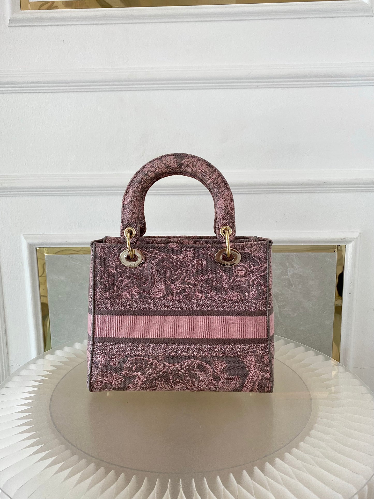 Dior Medium Lady D-Lite Gray &amp; Pink Toile De Jouy Reverse Embroidery