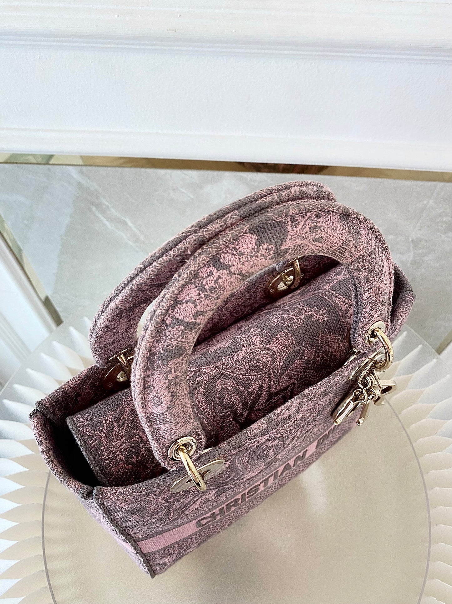 Dior Medium Lady D-Lite Gray &amp; Pink Toile De Jouy Reverse Embroidery