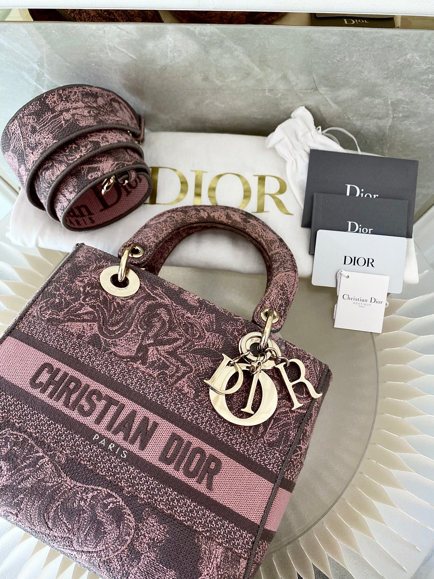 Dior Medium Lady D-Lite Gray &amp; Pink Toile De Jouy Reverse Embroidery
