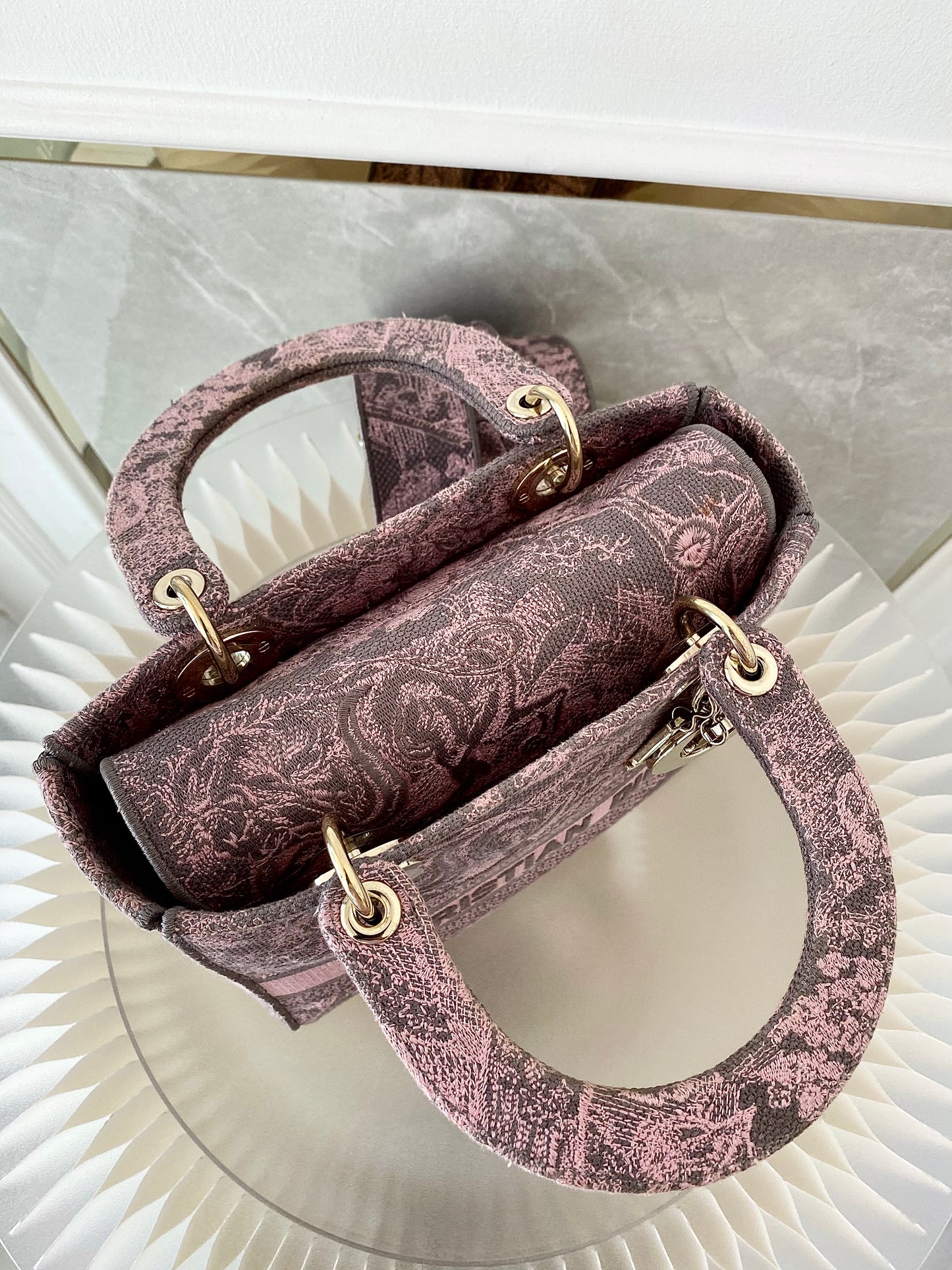 Dior Medium Lady D-Lite Gray &amp; Pink Toile De Jouy Reverse Embroidery