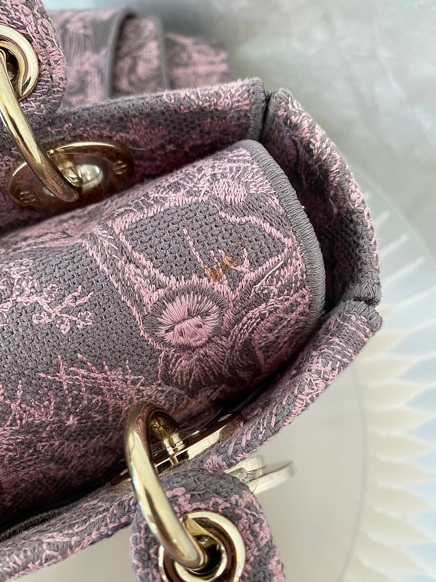 Dior Medium Lady D-Lite Gray &amp; Pink Toile De Jouy Reverse Embroidery