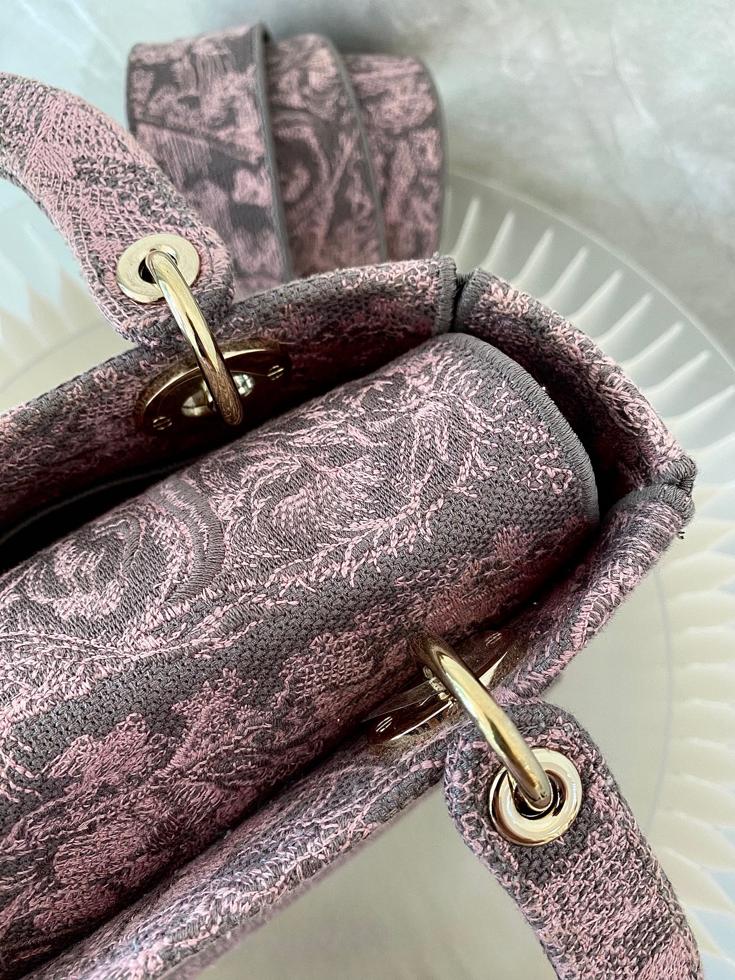 Dior Medium Lady D-Lite Gray &amp; Pink Toile De Jouy Reverse Embroidery