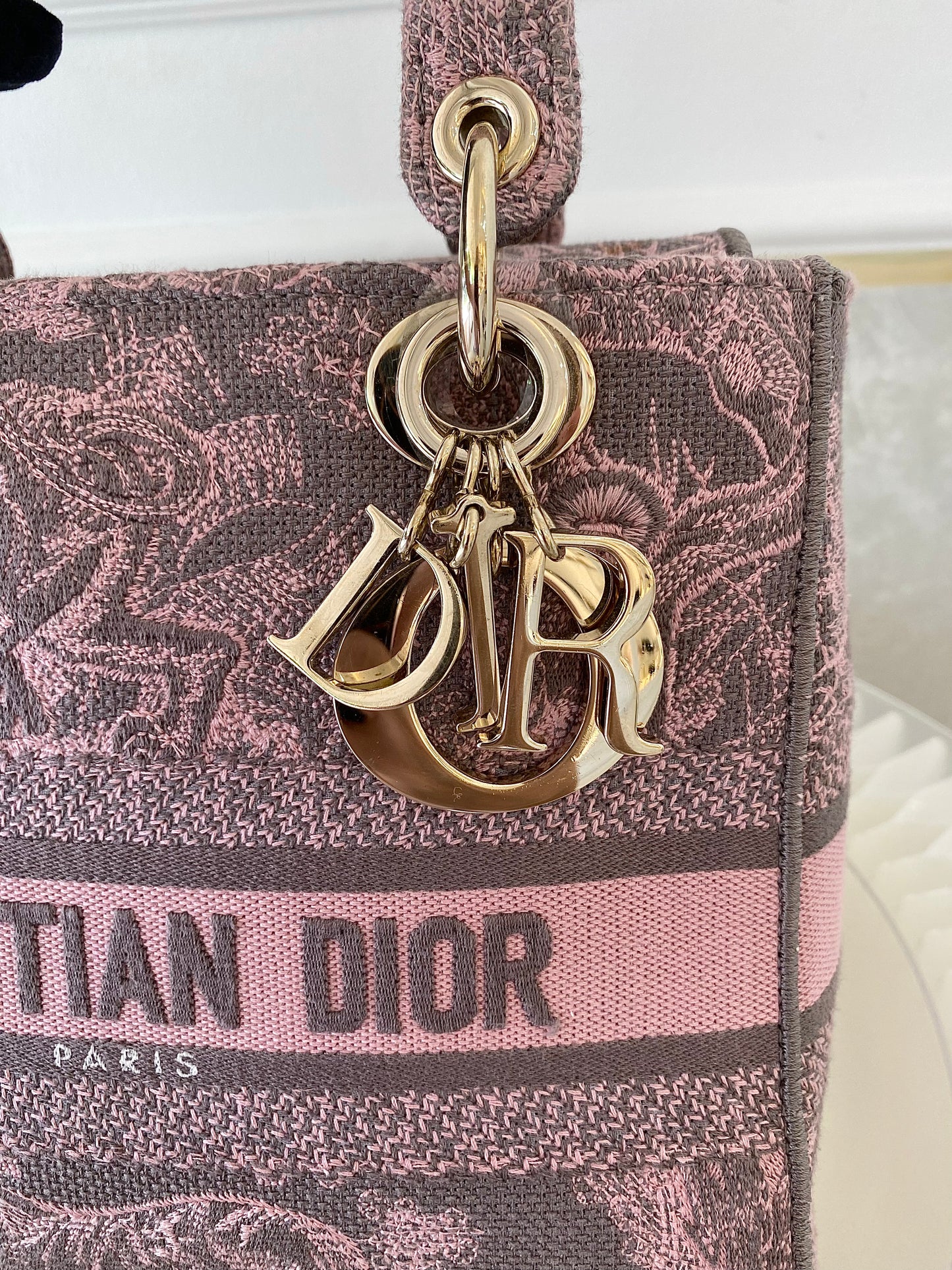 Dior Medium Lady D-Lite Gray &amp; Pink Toile De Jouy Reverse Embroidery
