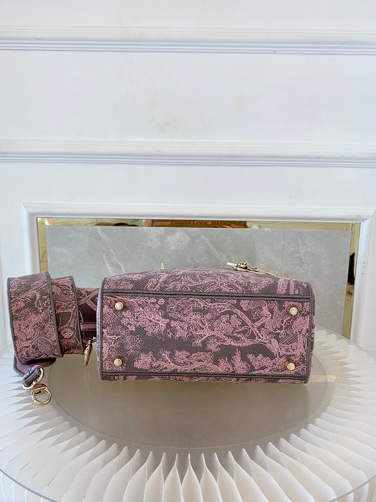 Dior Medium Lady D-Lite Gray &amp; Pink Toile De Jouy Reverse Embroidery