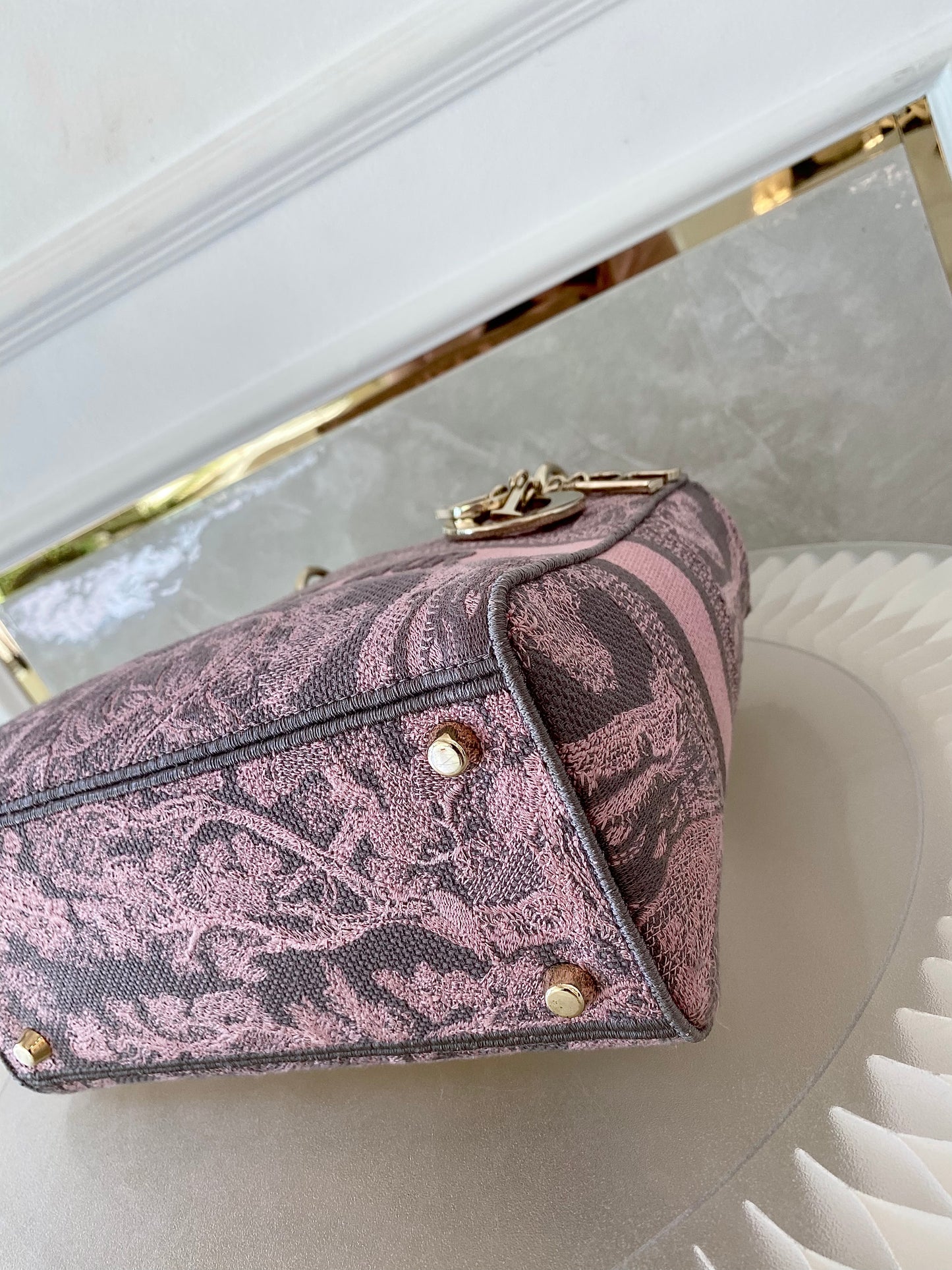 Dior Medium Lady D-Lite Gray &amp; Pink Toile De Jouy Reverse Embroidery