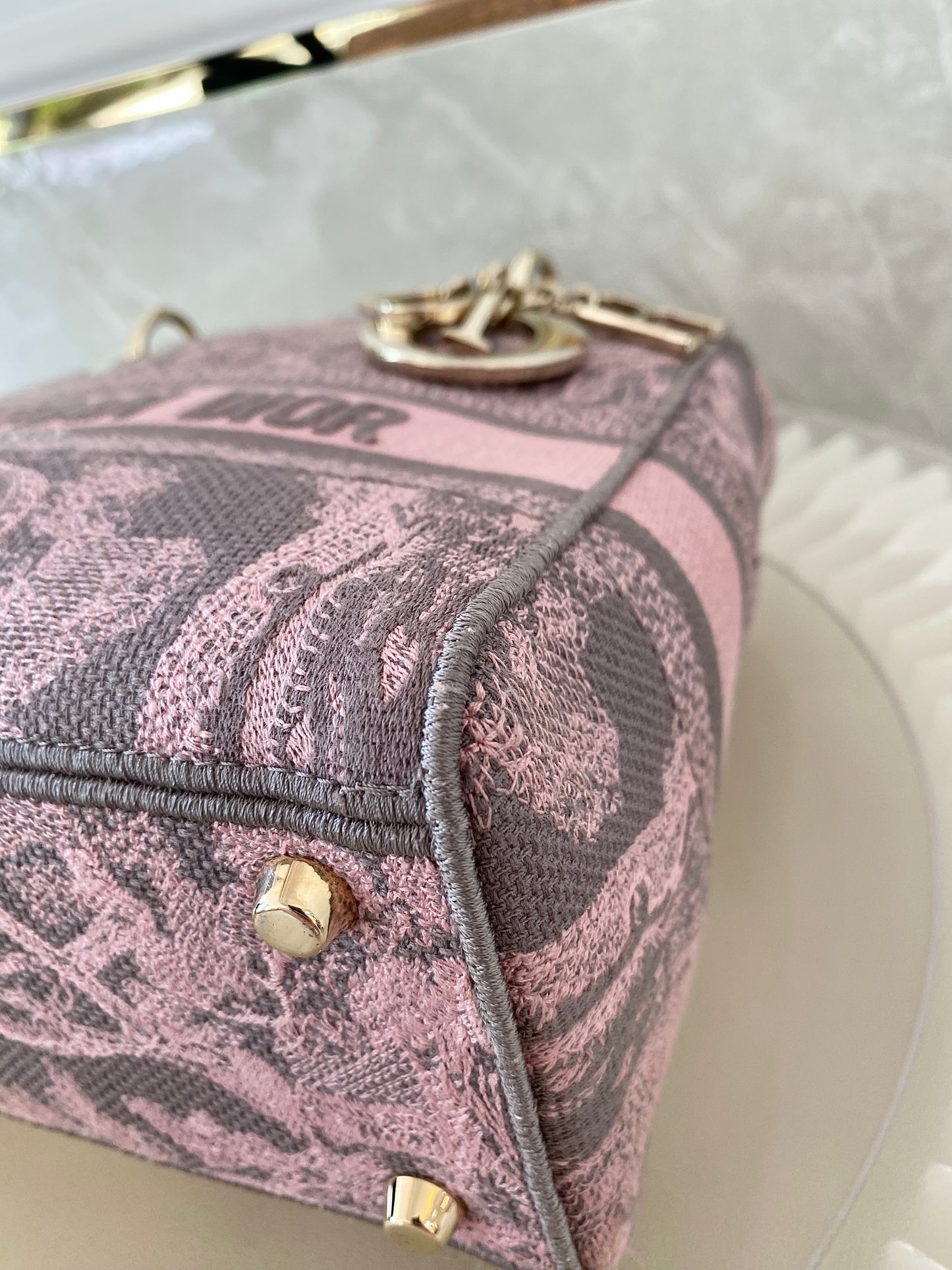 Dior Medium Lady D-Lite Gray &amp; Pink Toile De Jouy Reverse Embroidery
