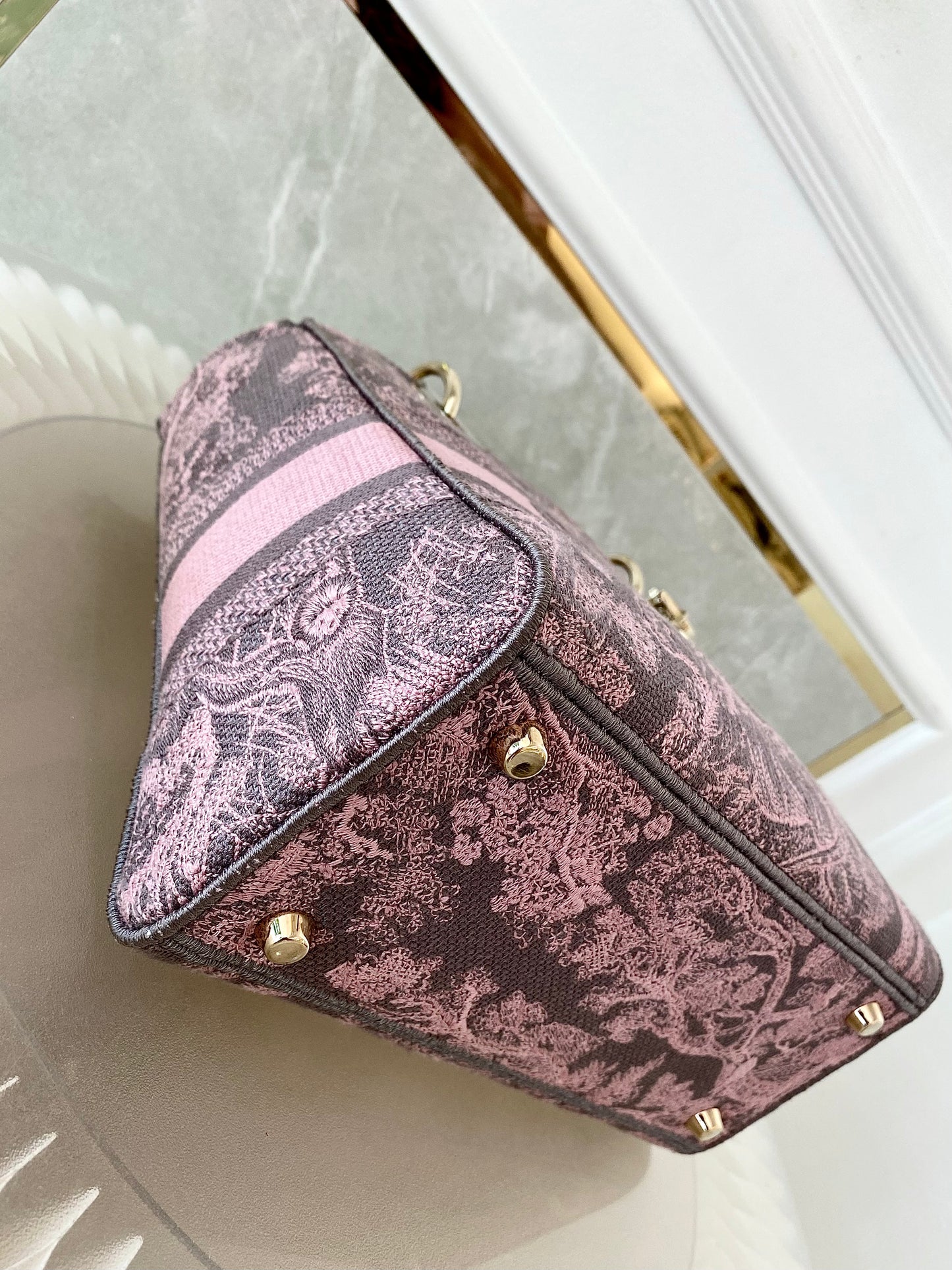 Dior Medium Lady D-Lite Gray &amp; Pink Toile De Jouy Reverse Embroidery