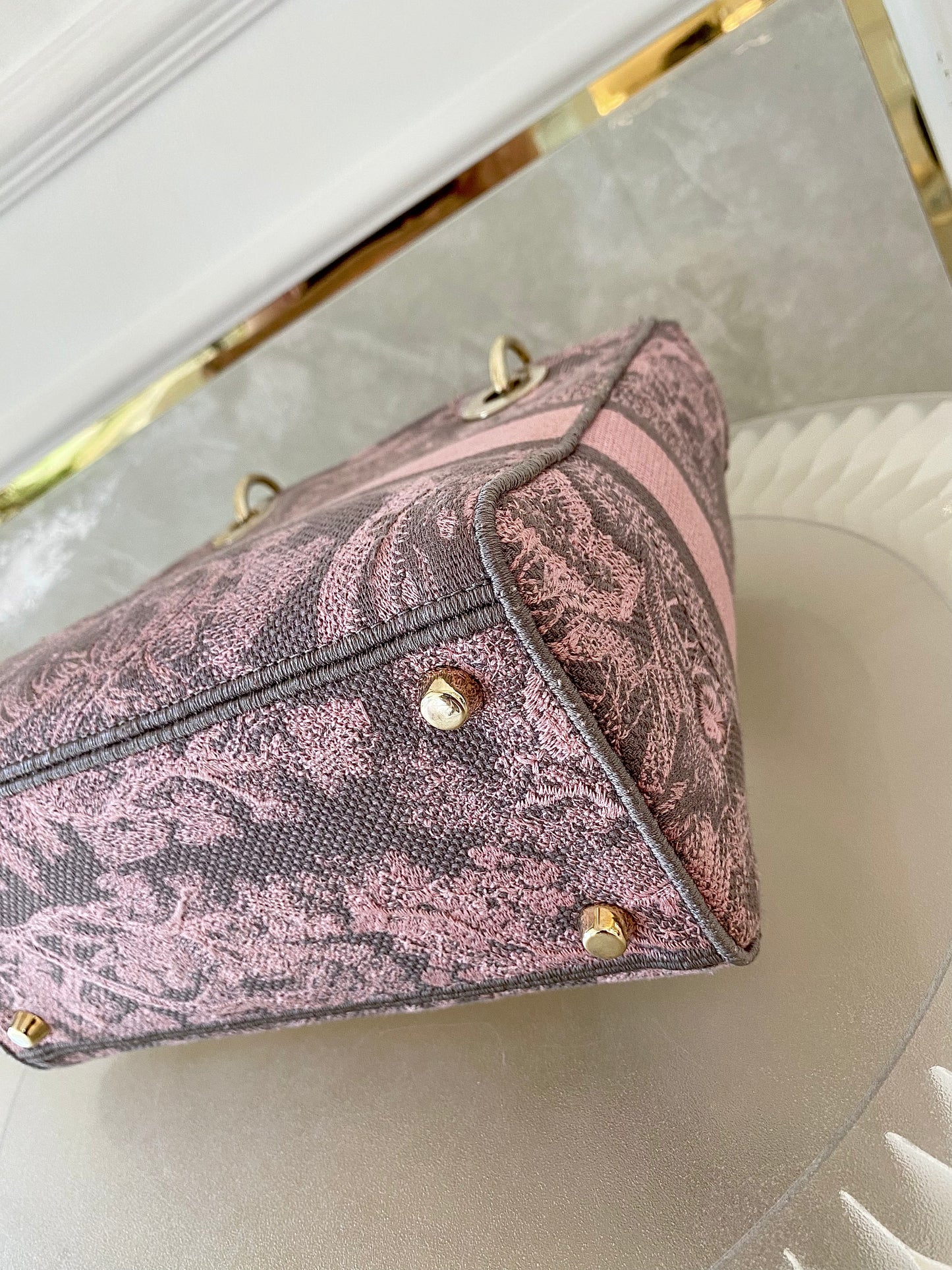 Dior Medium Lady D-Lite Gray &amp; Pink Toile De Jouy Reverse Embroidery