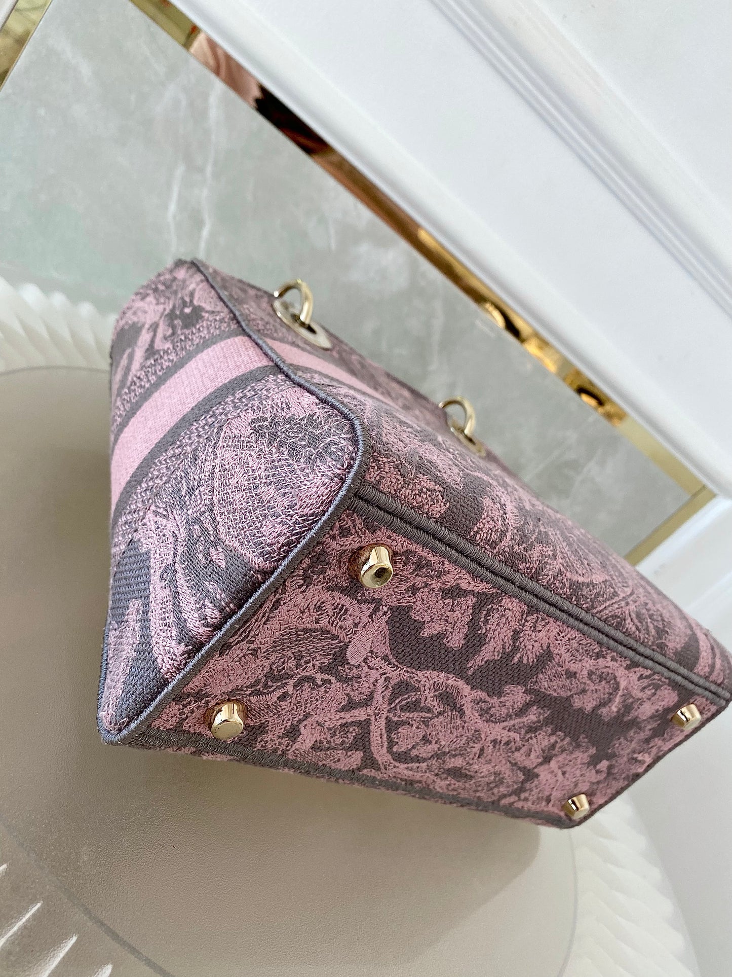 Dior Medium Lady D-Lite Gray &amp; Pink Toile De Jouy Reverse Embroidery