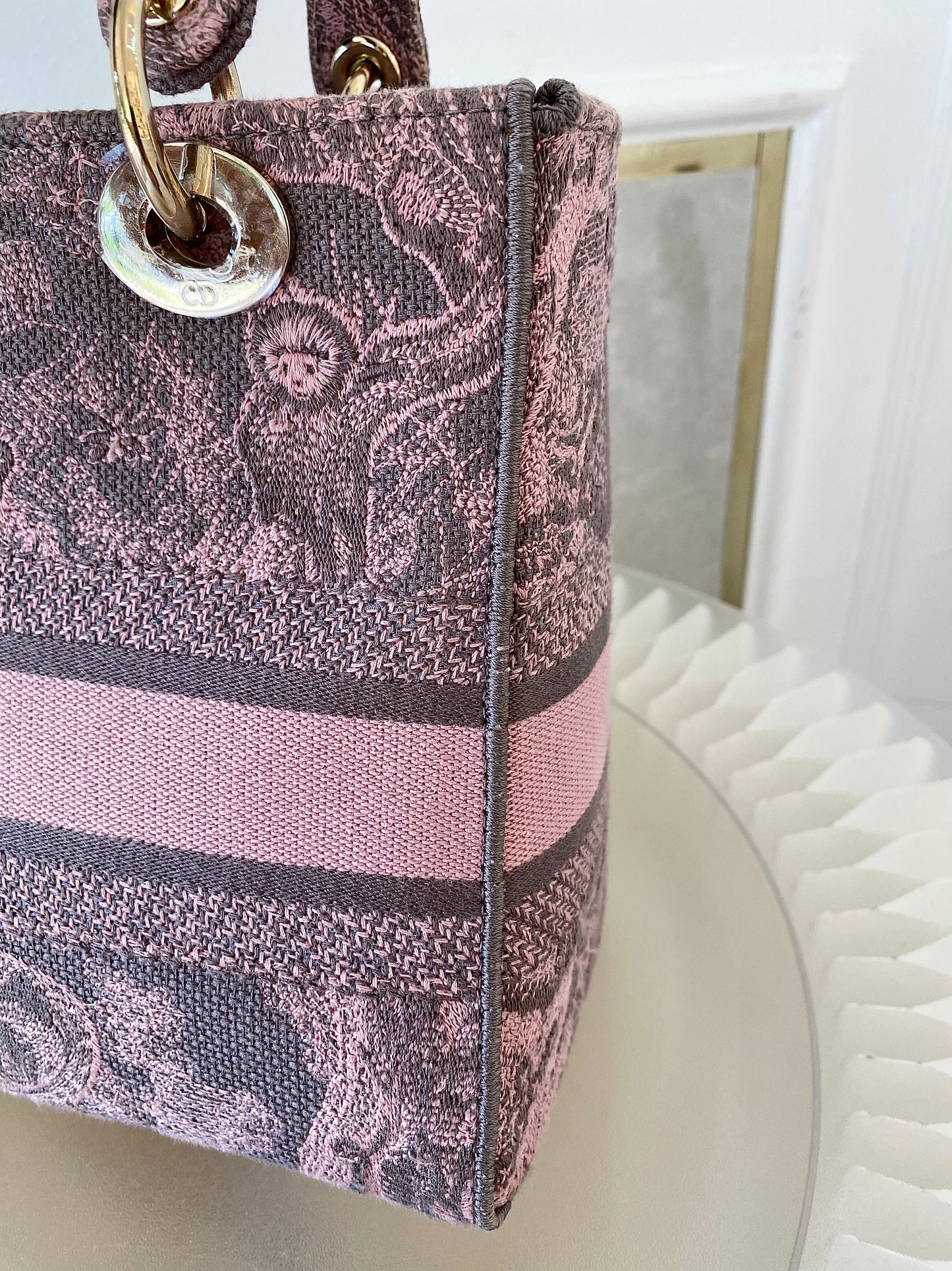 Dior Medium Lady D-Lite Gray &amp; Pink Toile De Jouy Reverse Embroidery