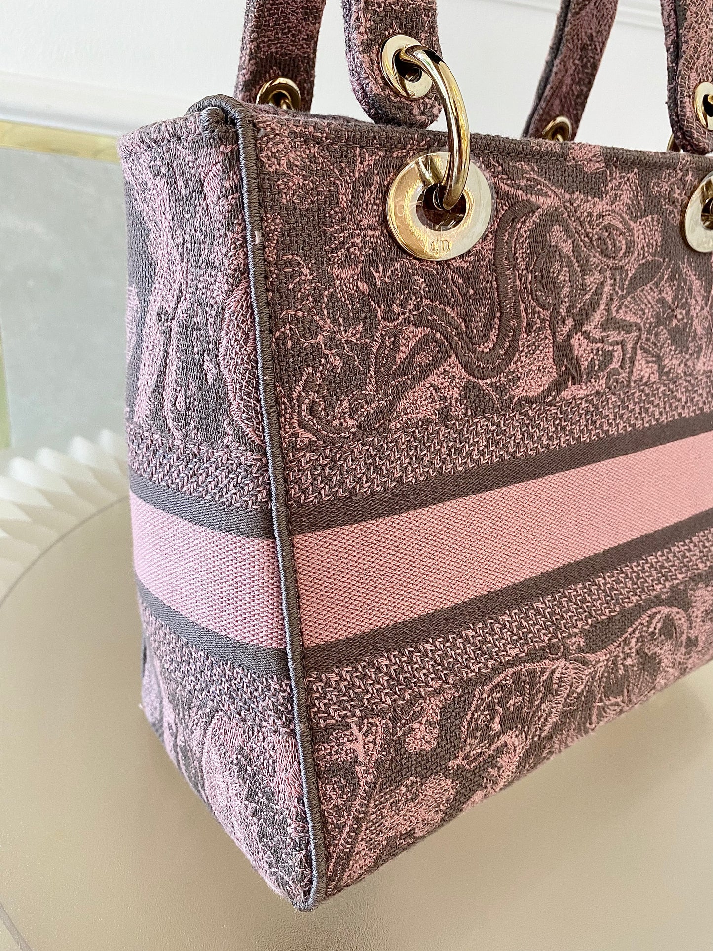Dior Medium Lady D-Lite Gray &amp; Pink Toile De Jouy Reverse Embroidery