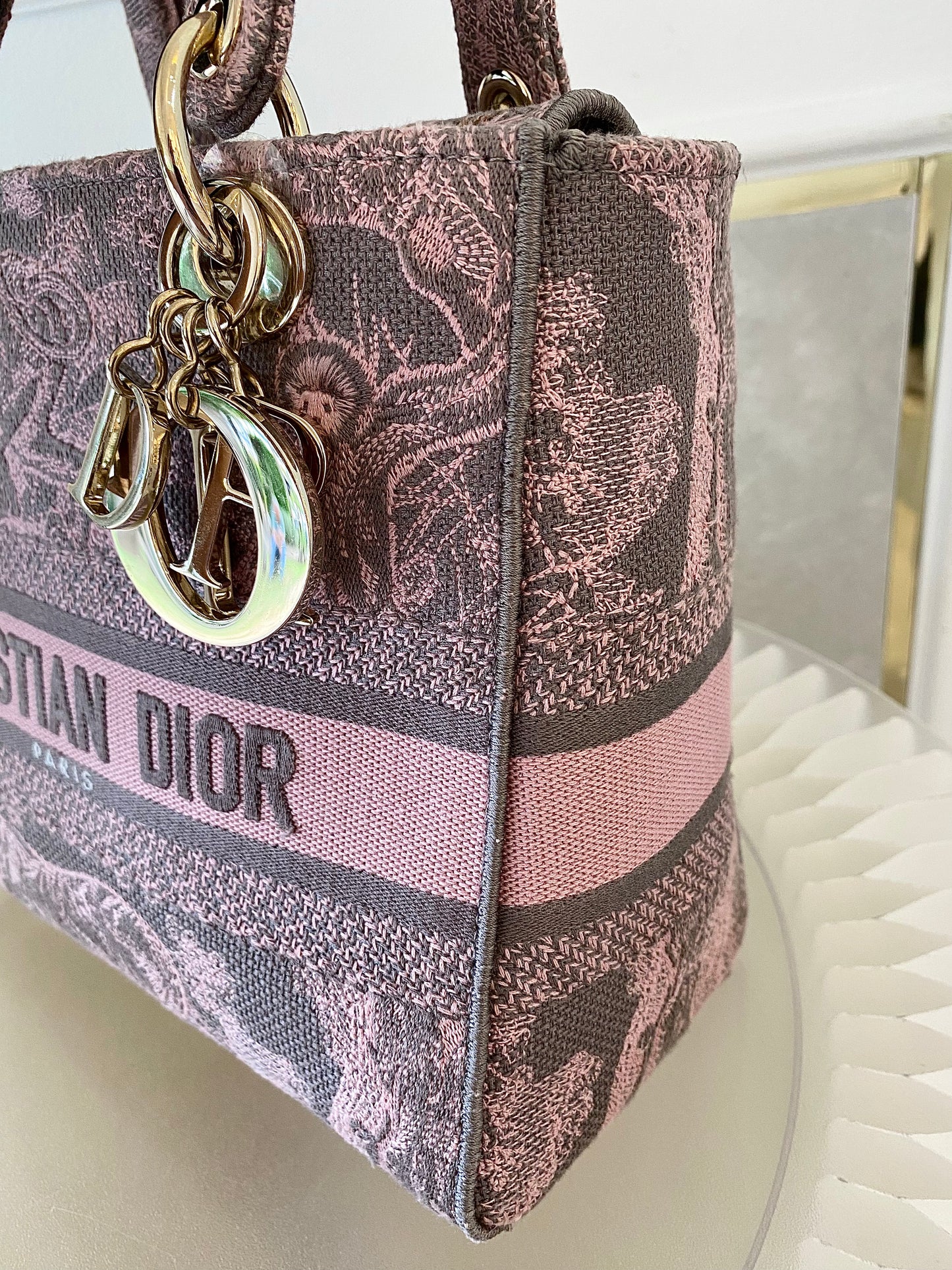 Dior Medium Lady D-Lite Gray &amp; Pink Toile De Jouy Reverse Embroidery