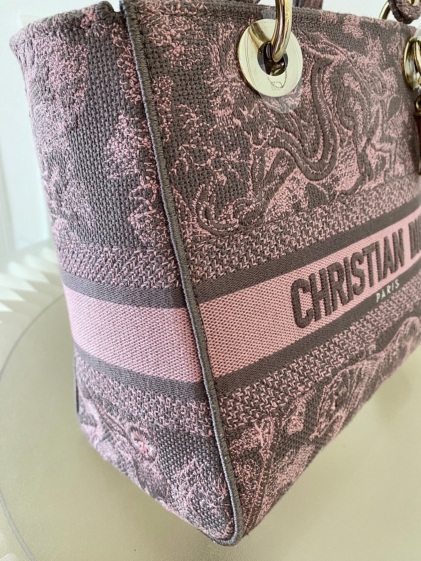 Dior Medium Lady D-Lite Gray &amp; Pink Toile De Jouy Reverse Embroidery