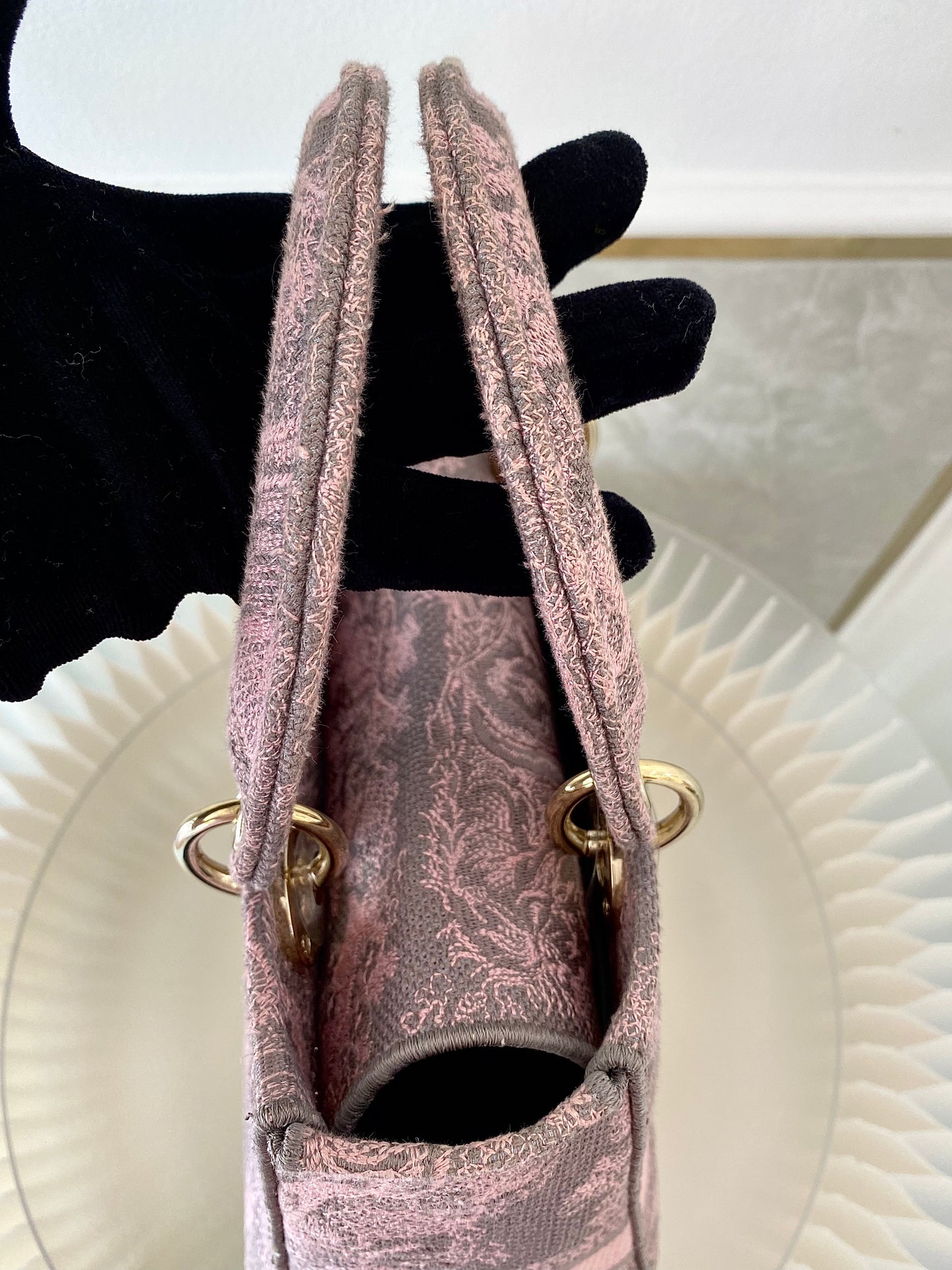 Dior Medium Lady D-Lite Gray &amp; Pink Toile De Jouy Reverse Embroidery