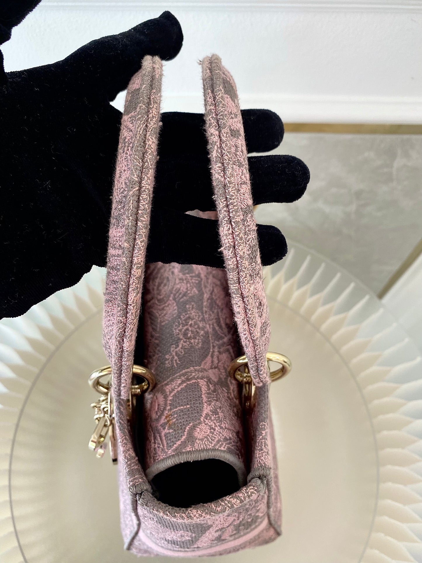 Dior Medium Lady D-Lite Gray &amp; Pink Toile De Jouy Reverse Embroidery