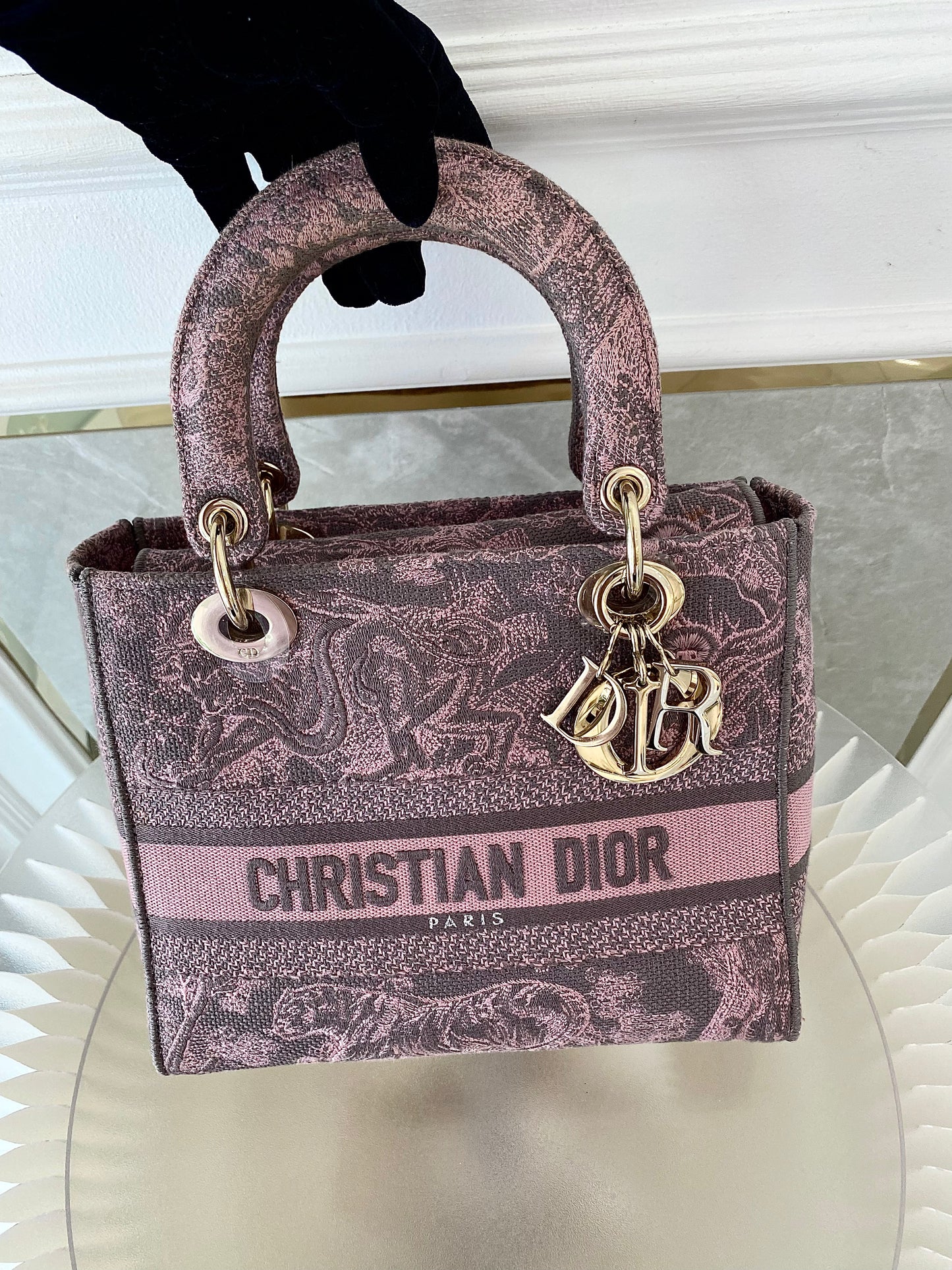 Dior Medium Lady D-Lite Gray &amp; Pink Toile De Jouy Reverse Embroidery