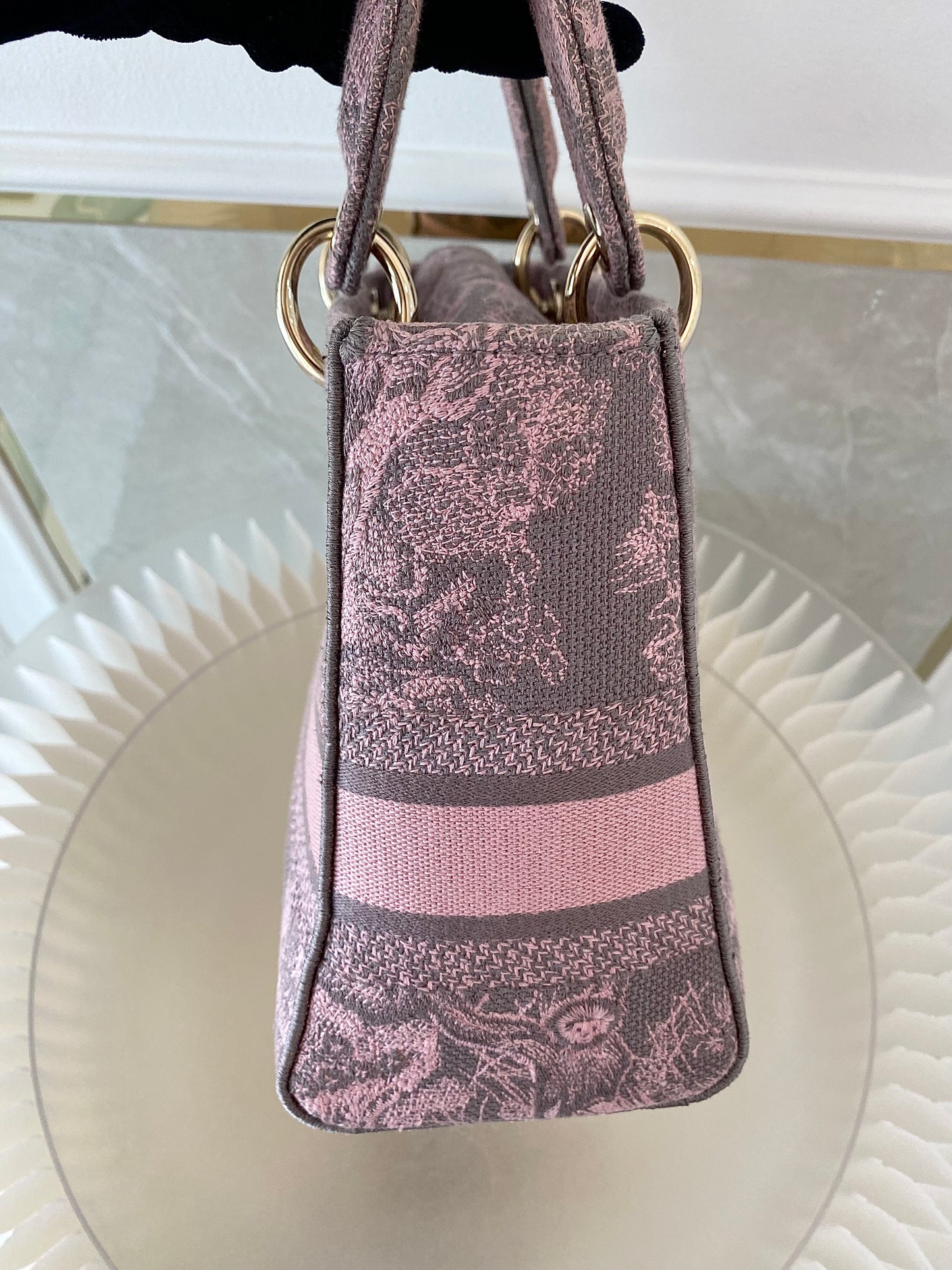 Dior Medium Lady D-Lite Gray &amp; Pink Toile De Jouy Reverse Embroidery