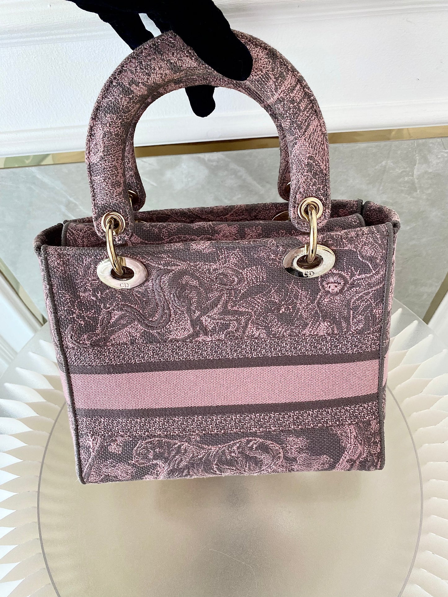 Dior Medium Lady D-Lite Gray &amp; Pink Toile De Jouy Reverse Embroidery