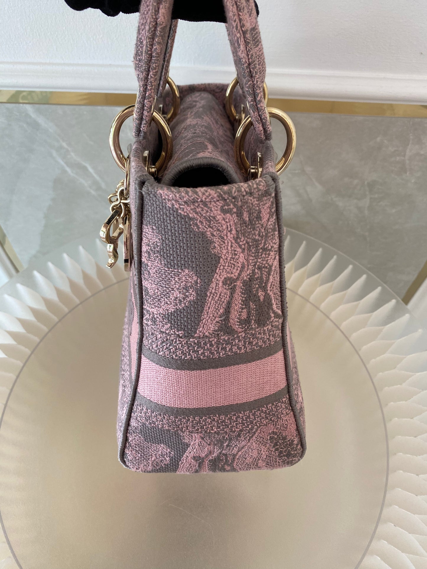 Dior Medium Lady D-Lite Gray &amp; Pink Toile De Jouy Reverse Embroidery