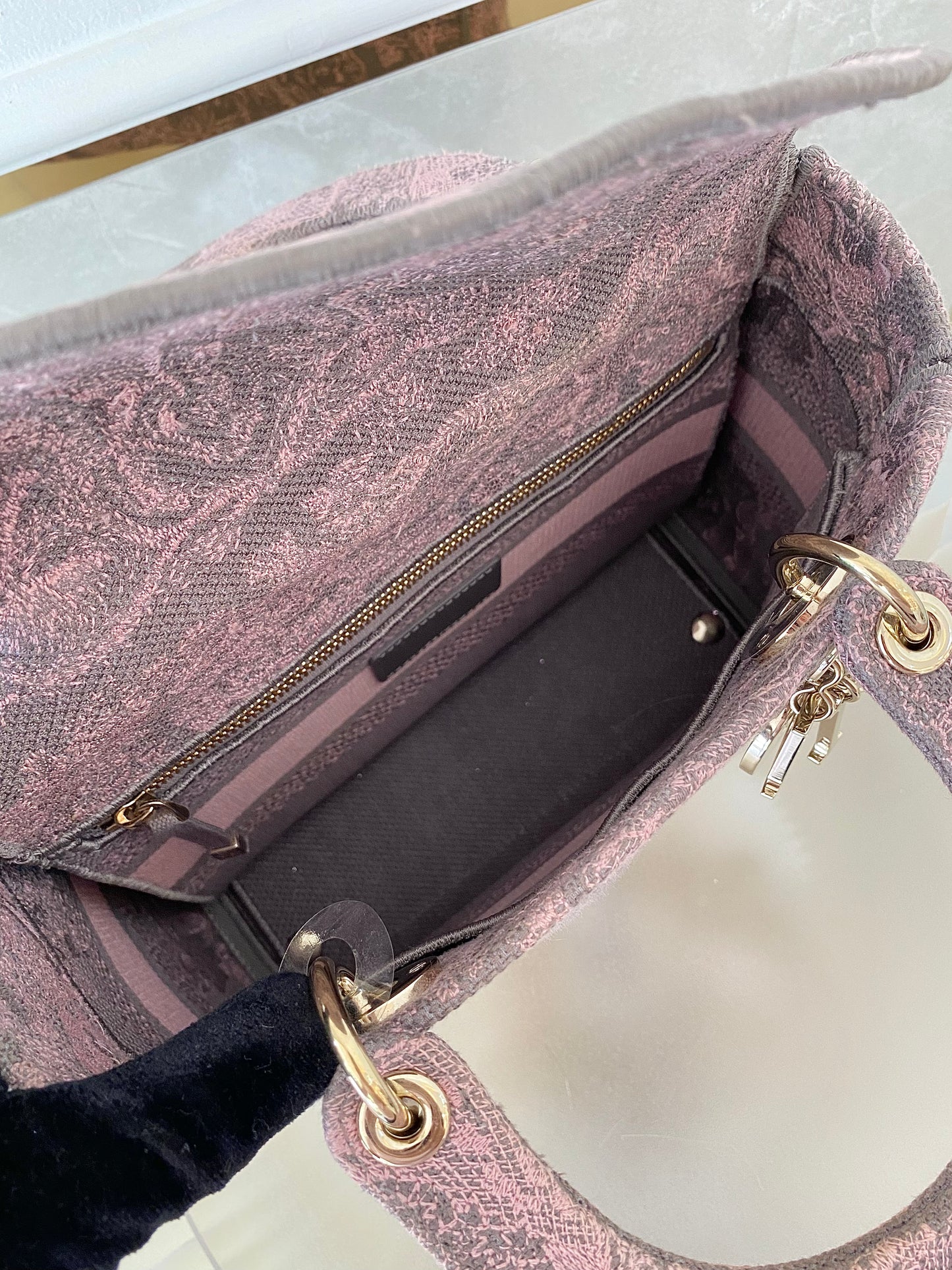 Dior Medium Lady D-Lite Gray &amp; Pink Toile De Jouy Reverse Embroidery