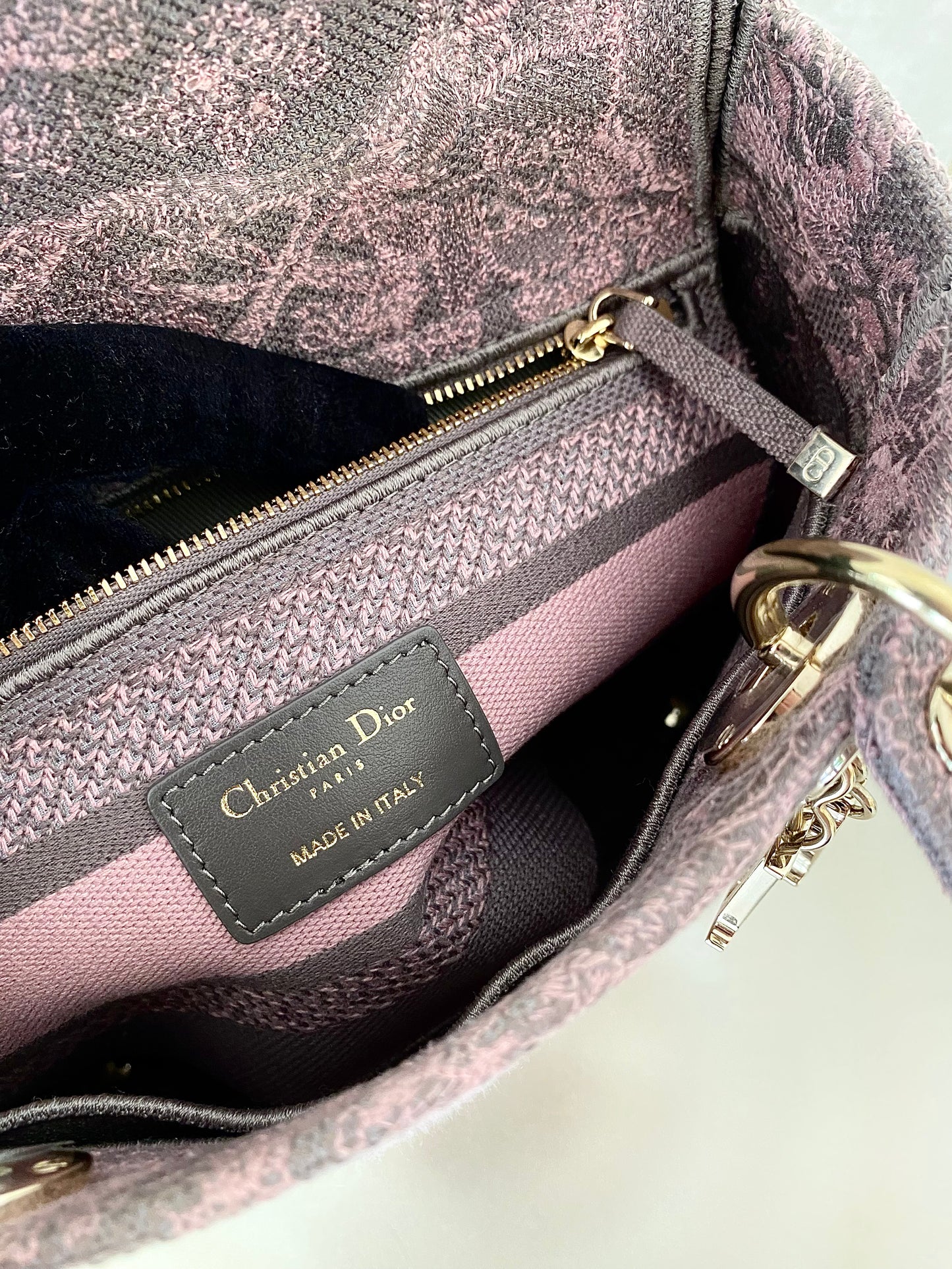 Dior Medium Lady D-Lite Gray &amp; Pink Toile De Jouy Reverse Embroidery