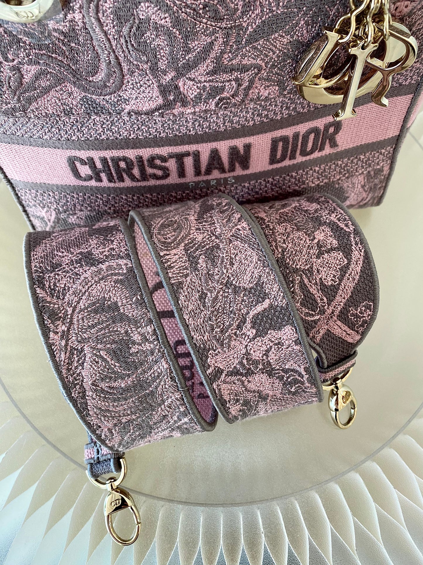Dior Medium Lady D-Lite Gray &amp; Pink Toile De Jouy Reverse Embroidery