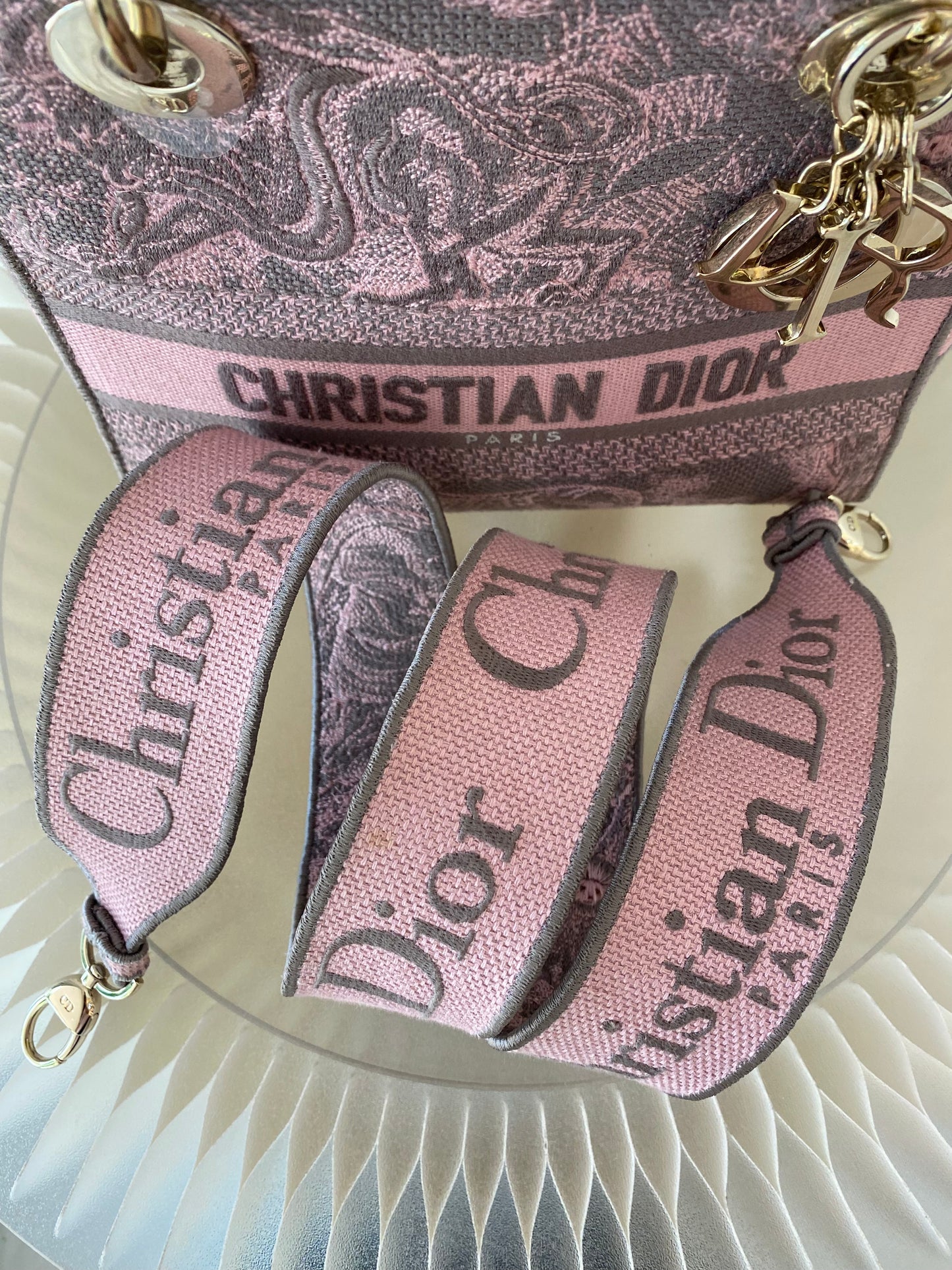 Dior Medium Lady D-Lite Gray &amp; Pink Toile De Jouy Reverse Embroidery