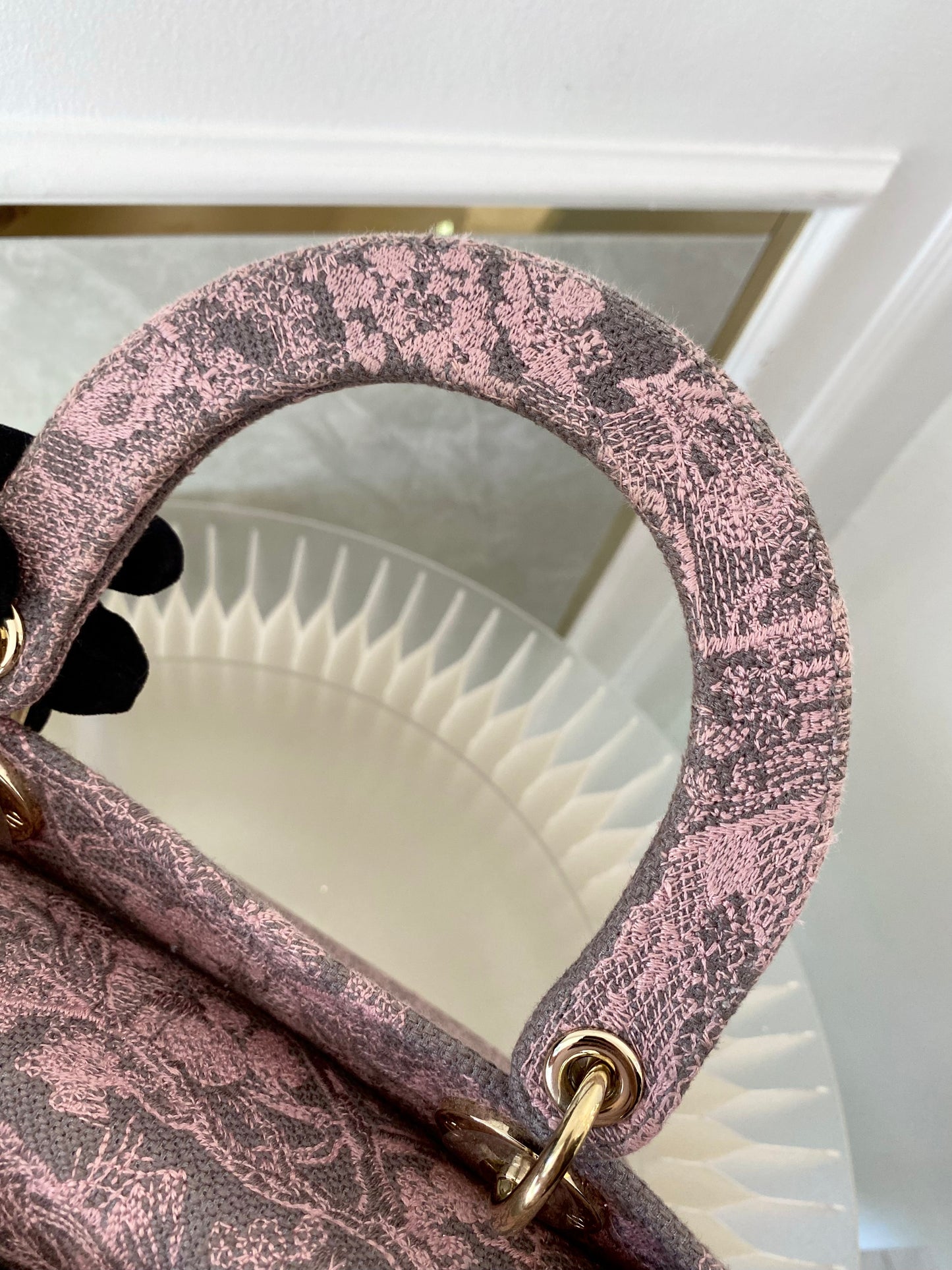 Dior Medium Lady D-Lite Gray &amp; Pink Toile De Jouy Reverse Embroidery