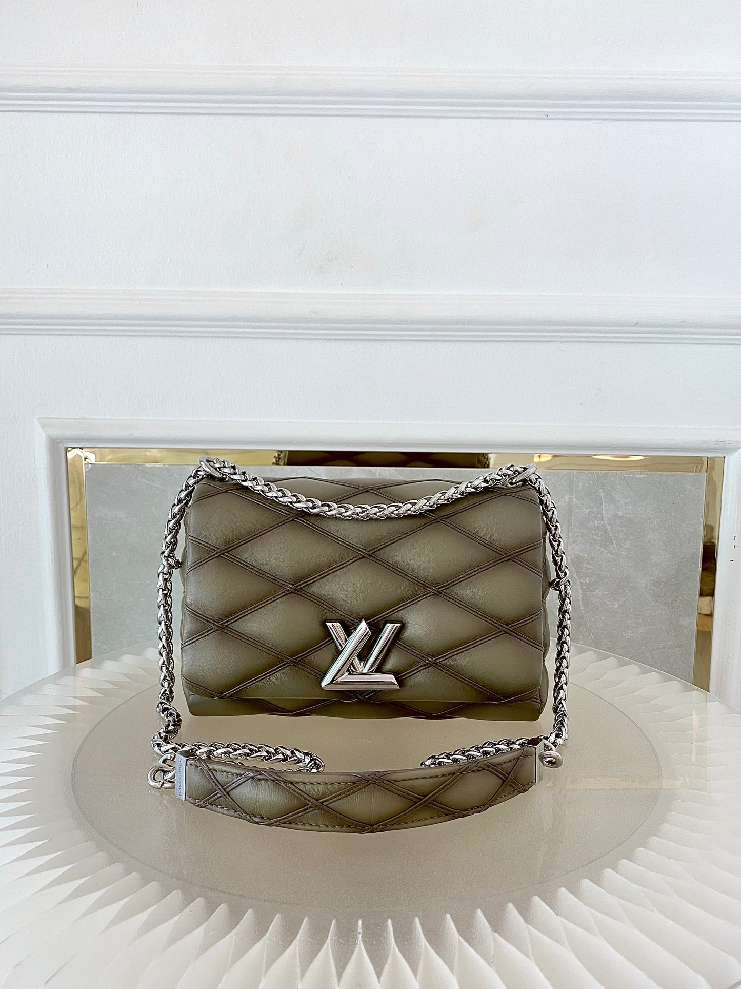Louis Vuitton GO-14 MM Malletage Quilted Lambskin In a Taupe or Greenish-Grey