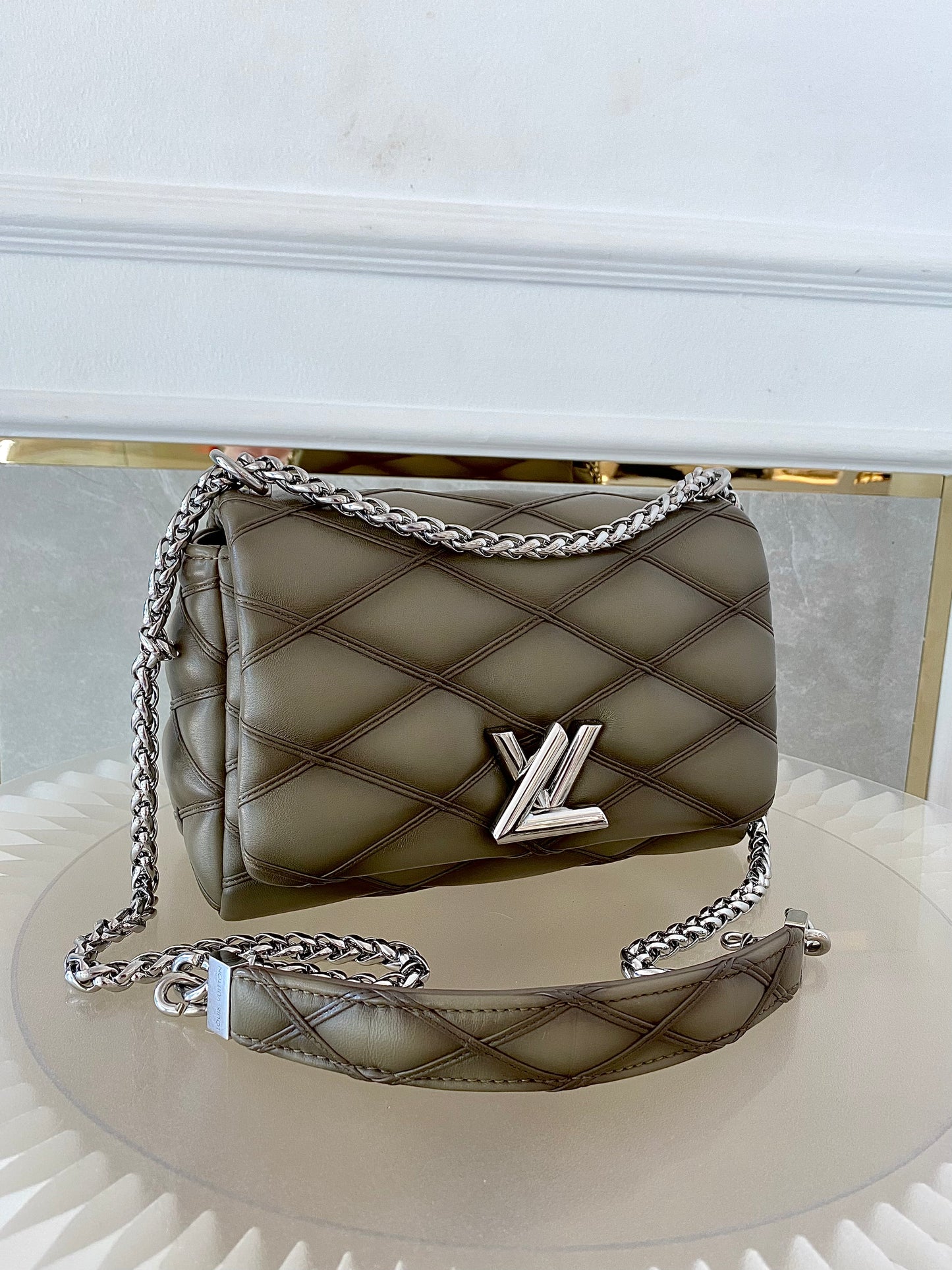Louis Vuitton GO-14 MM Malletage Quilted Lambskin In a Taupe or Greenish-Grey