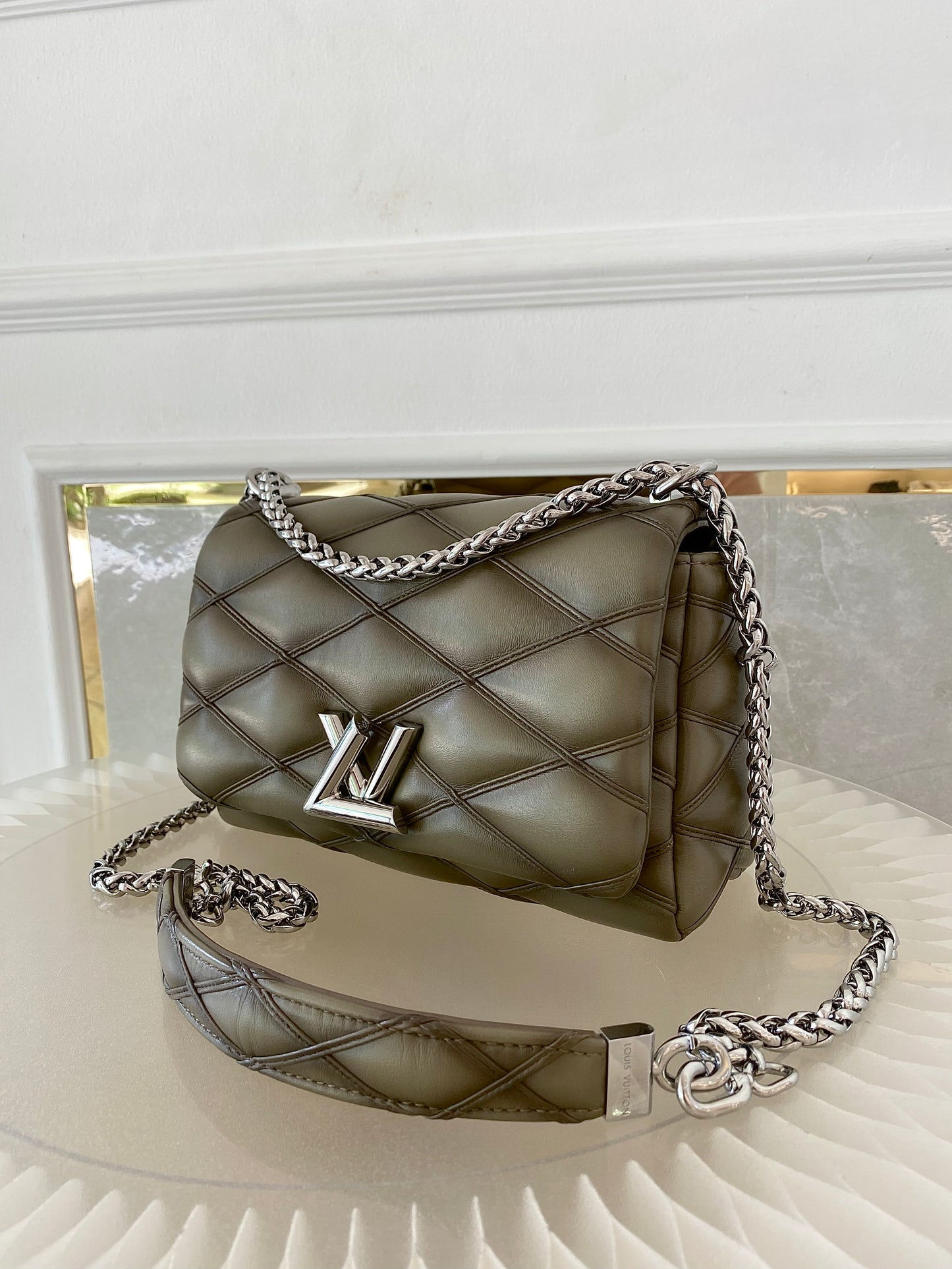 Louis Vuitton GO-14 MM Malletage Quilted Lambskin In a Taupe or Greenish-Grey