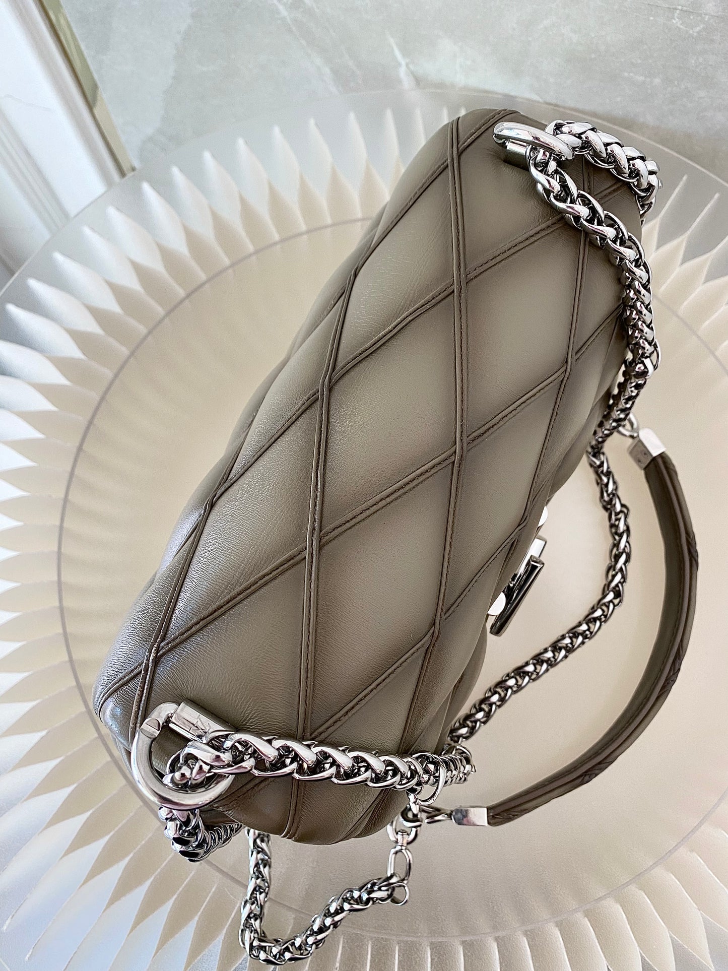 Louis Vuitton GO-14 MM Malletage Quilted Lambskin In a Taupe or Greenish-Grey