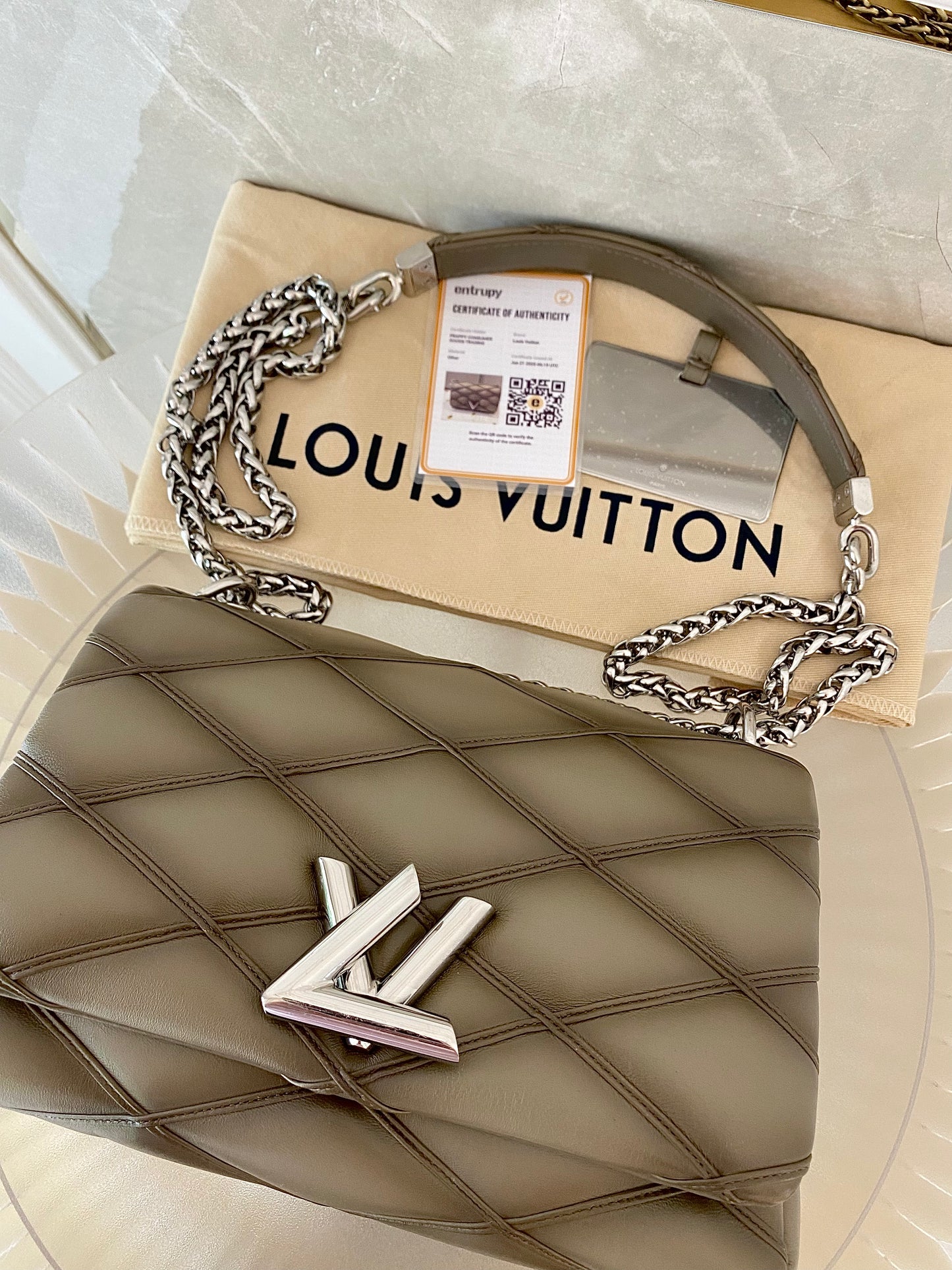 Louis Vuitton GO-14 MM Malletage Quilted Lambskin In a Taupe or Greenish-Grey