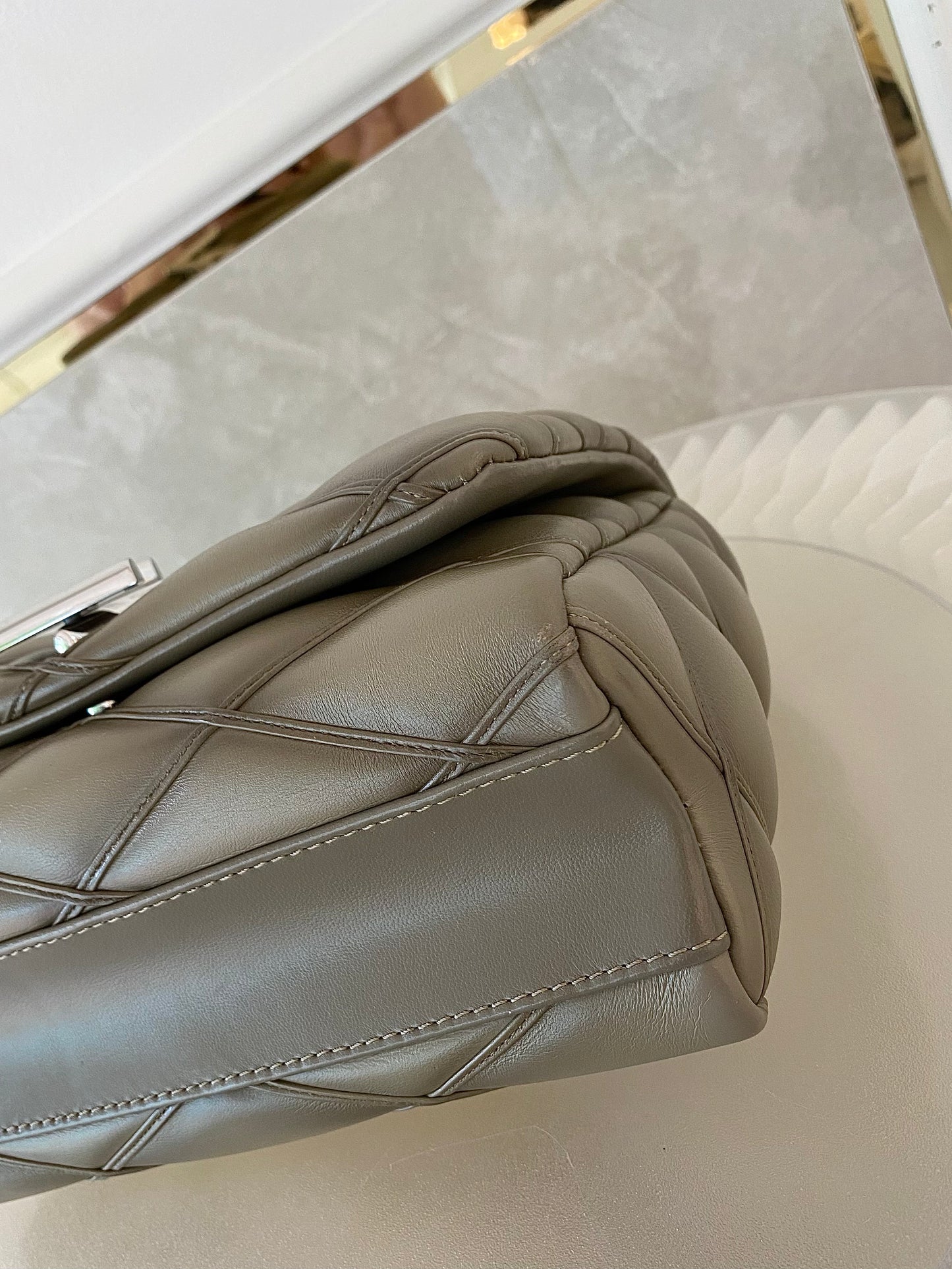Louis Vuitton GO-14 MM Malletage Quilted Lambskin In a Taupe or Greenish-Grey