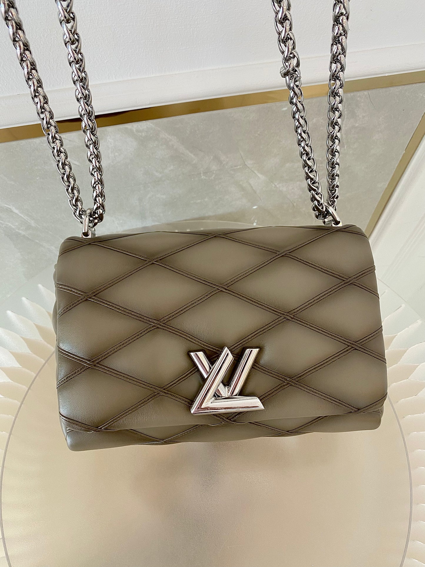 Louis Vuitton GO-14 MM Malletage Quilted Lambskin In a Taupe or Greenish-Grey