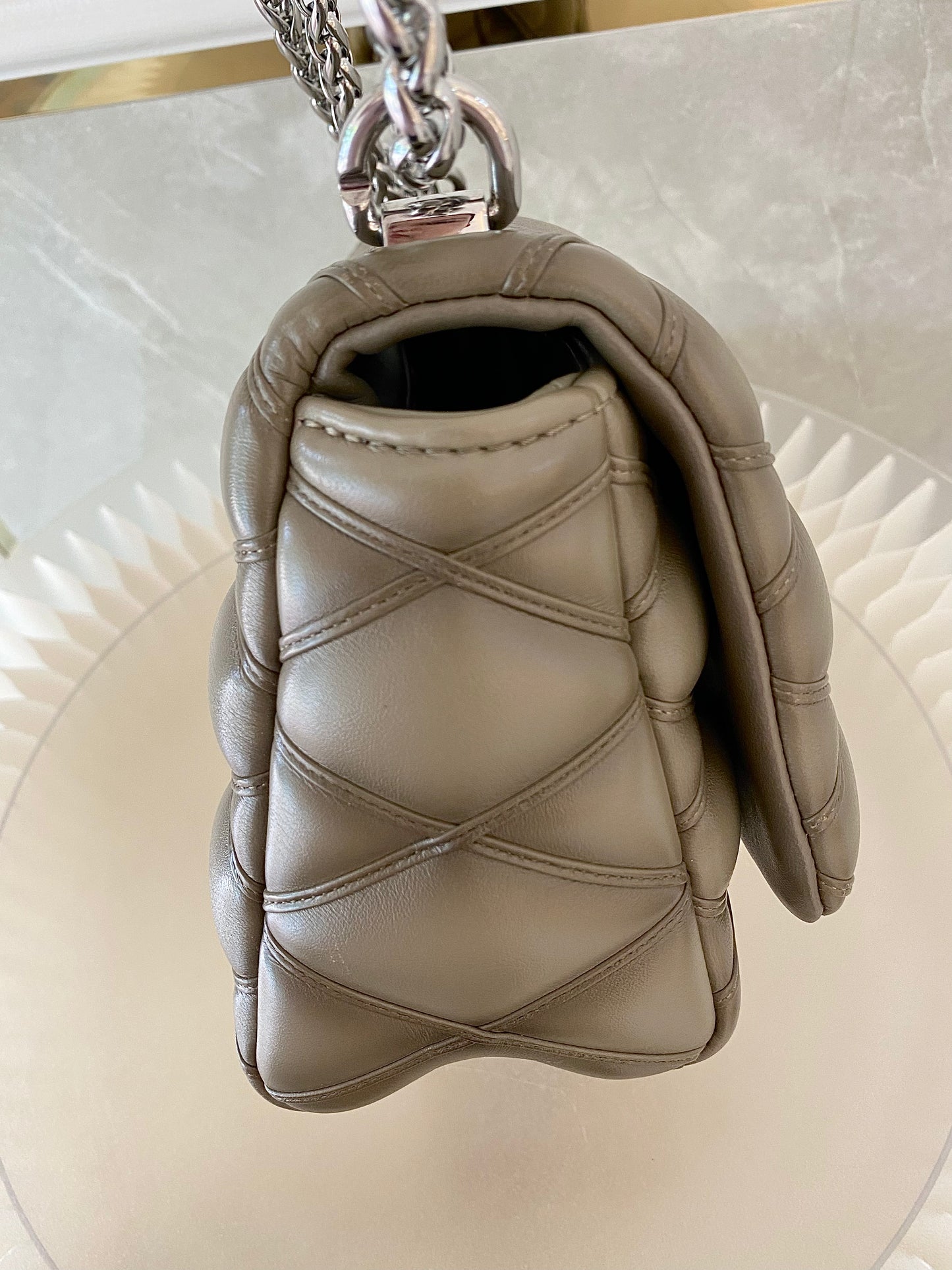Louis Vuitton GO-14 MM Malletage Quilted Lambskin In a Taupe or Greenish-Grey